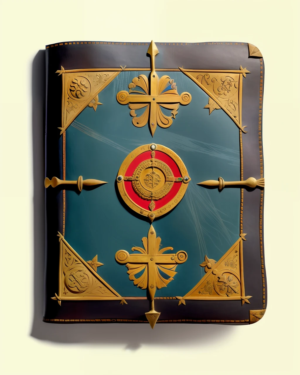 the front cover of an ancient medieval French codex, polychrome leather, heraldic symbols, tooling, gold furniture, view from above, centred, extremely high details, scruffy:1.5, rough:1.5, stained:1.5, bright natural colours:1.5