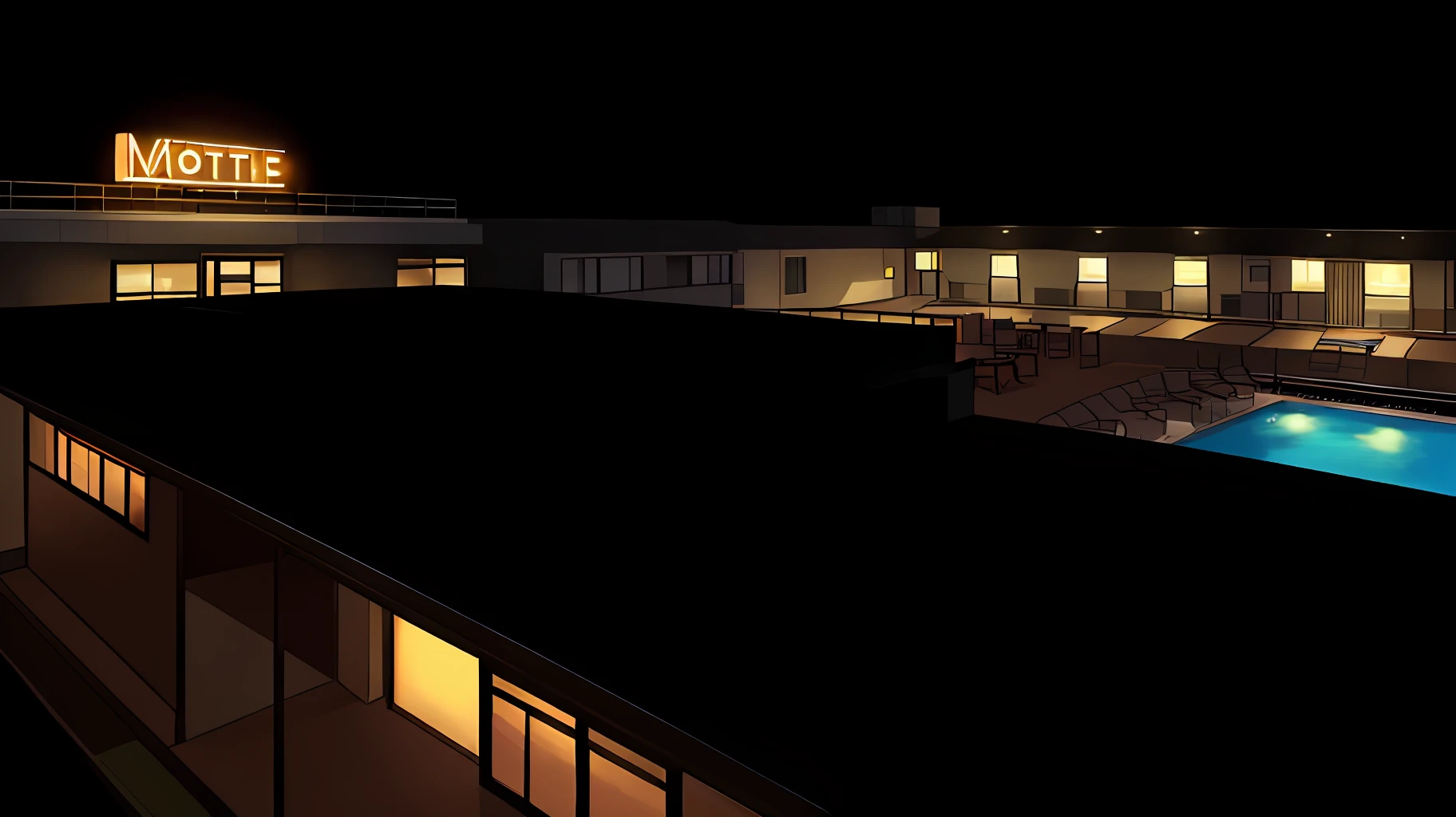 best quality, highres, motel, two floors, viewed from a distance, foreshortening to the left, night