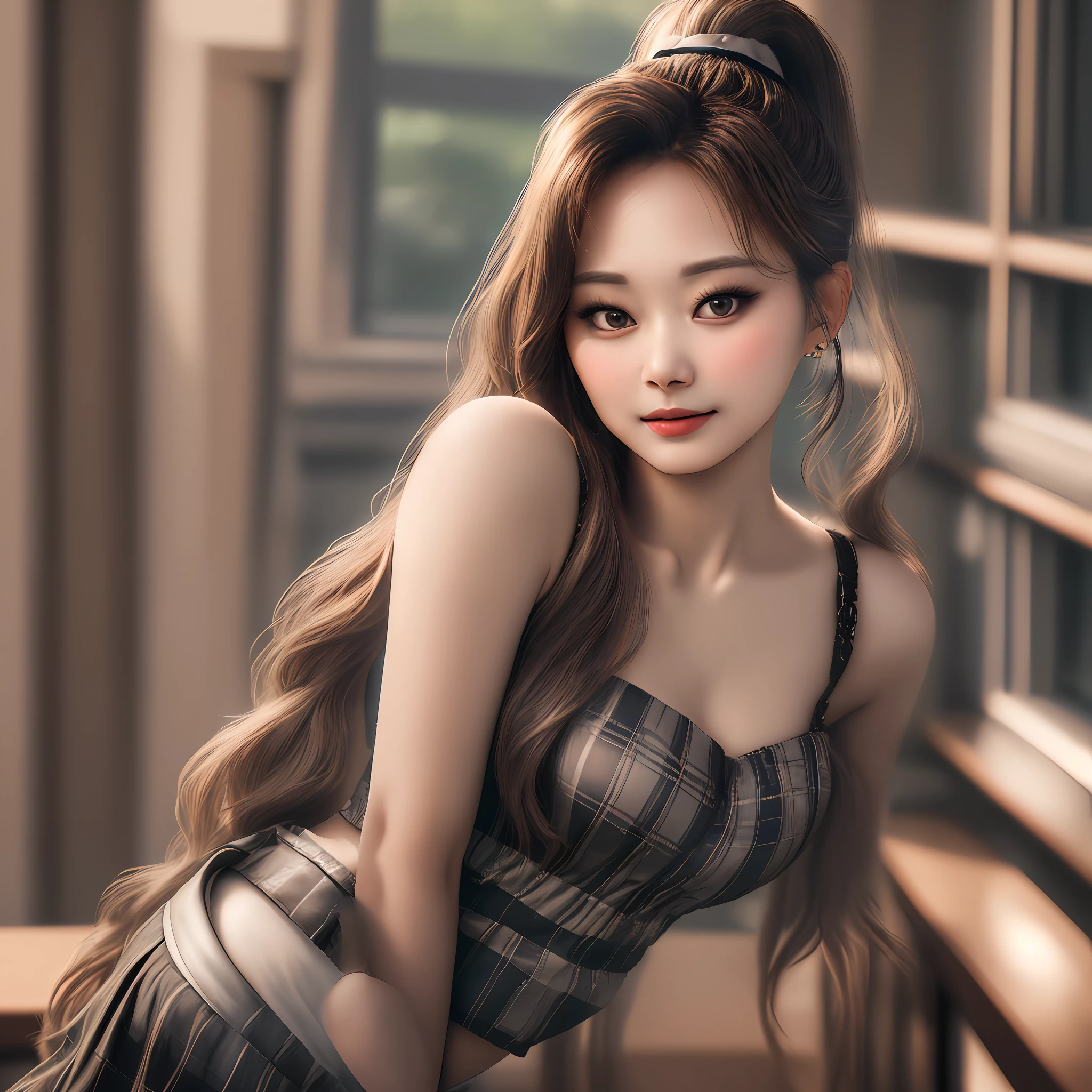 Tzuyu, woman,complex 3d render ultra detailed, smile, portrait of beautiful woman, moody portrait, striking features, beauty, intricate details, dramatic composition, tension, contrast, texture, realism, high-quality rendering, stunning art, high quality, film grain, Fujifilm XT3,swirly bokeh,(realistic, photo-realistic:1.2),RAW photo,physically-based rendering,(looking at viewer:1.4),(8k, best quality, masterpiece:1.2),(full body shot:1.1),octane render,extremely detailed CG, unity 8k wallpaper,in street,urban,city,(studio soft light,sunlight:1.2), (standing:1.1),(a girl is wearing sleeveless:1.5),hyper realistic detail shiny skin,ultra detailed,(ultra realistic:1.2),(intricate:1.2),(photorealistic:1.2),1girl,(skinny:1.3),detailed background ,(large breasts:1.1), masterpiece, best quality, (realistic, photo-realistic:1.4), (RAW photo:1.2), extremely detailed CG unity 8k wallpaper, an extremely delicate and beautiful, amazing, finely detail, official art, absurdres, incredibly absurdres, huge filesize, ultra-detailed, extremely detailed, beautiful detailed girl, extremely detailed eyes and face, beautiful detailed eyes, light on face, 1girl, long hair, ((ponytail)), solo, cute, looking at viewer, (perfect female figure), slim waist, full body, large breasts, standing, school uniform, microskirt, miniskirt, plaid skirt, navel, midriff, sleeveless shirt, bare arms, bangs, school, classroom, ulzzang-6500-v1.1, bra