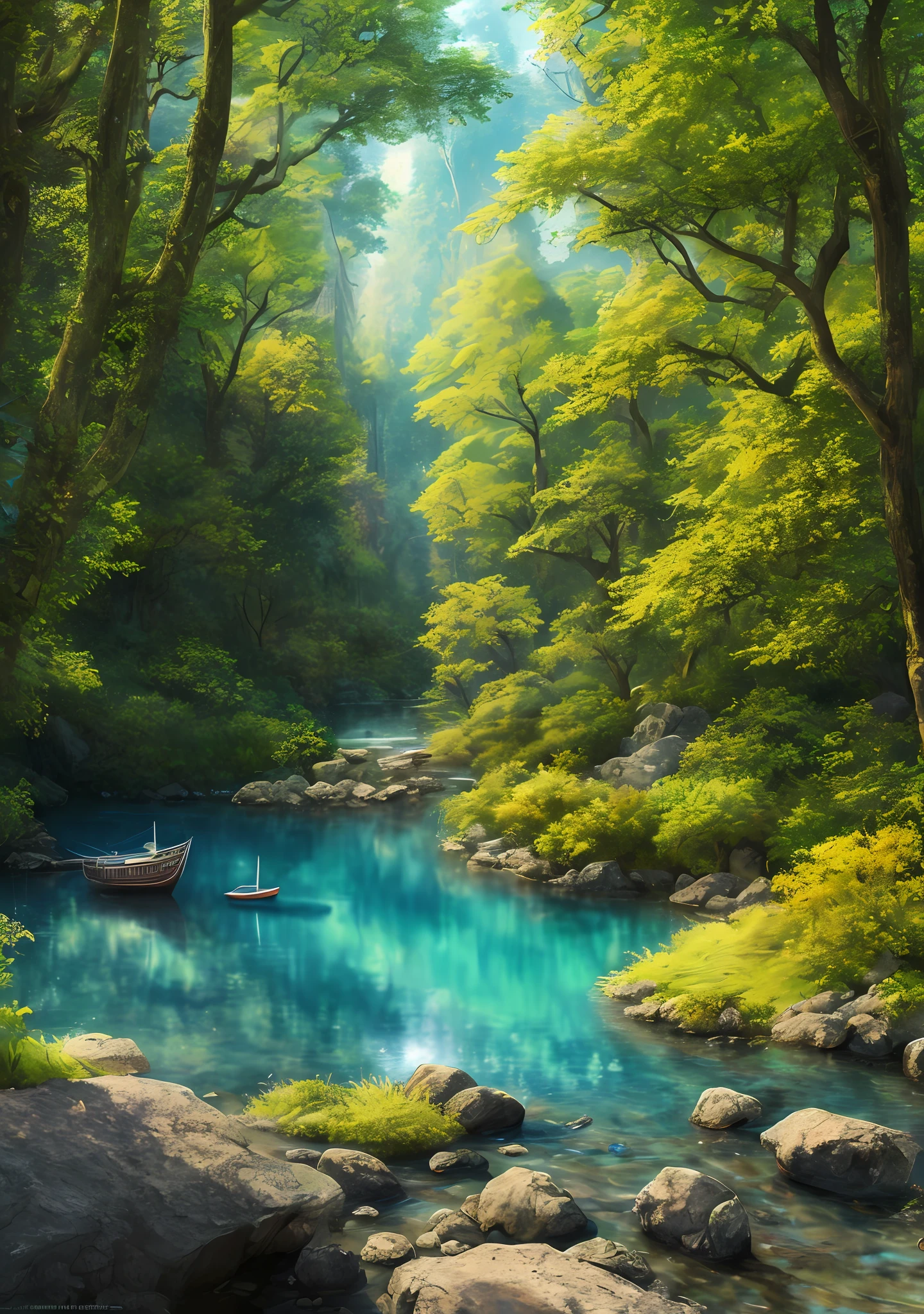 masterpiece, best quality, high quality,extremely detailed CG unity 8k wallpaper, An enchanting and dreamy scene of a sailing boat in fantasy forest, with towering trees, hidden fairy glens, creating a sense of mystique and enchantment, artstation, intricate, trending, award winning photography, Bokeh, Depth of Field, HDR, bloom, Chromatic Aberration ,Photorealistic,extremely detailed, trending on artstation, trending on CGsociety, Intricate, High Detail, dramatic, art by midjourney