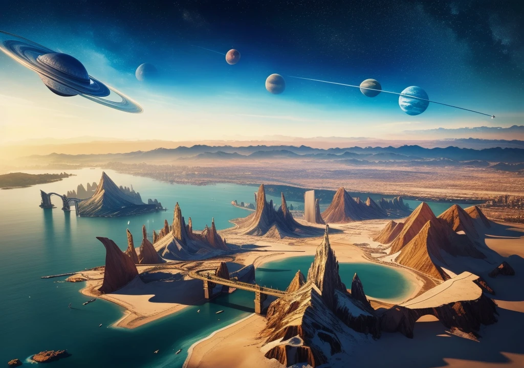 ((master piece)),best quality, (8k, best quality, masterpiece:1.2), ultra-detailed, illustration, Grand scene, big city, Science fiction, Floating city, many planets in the skies