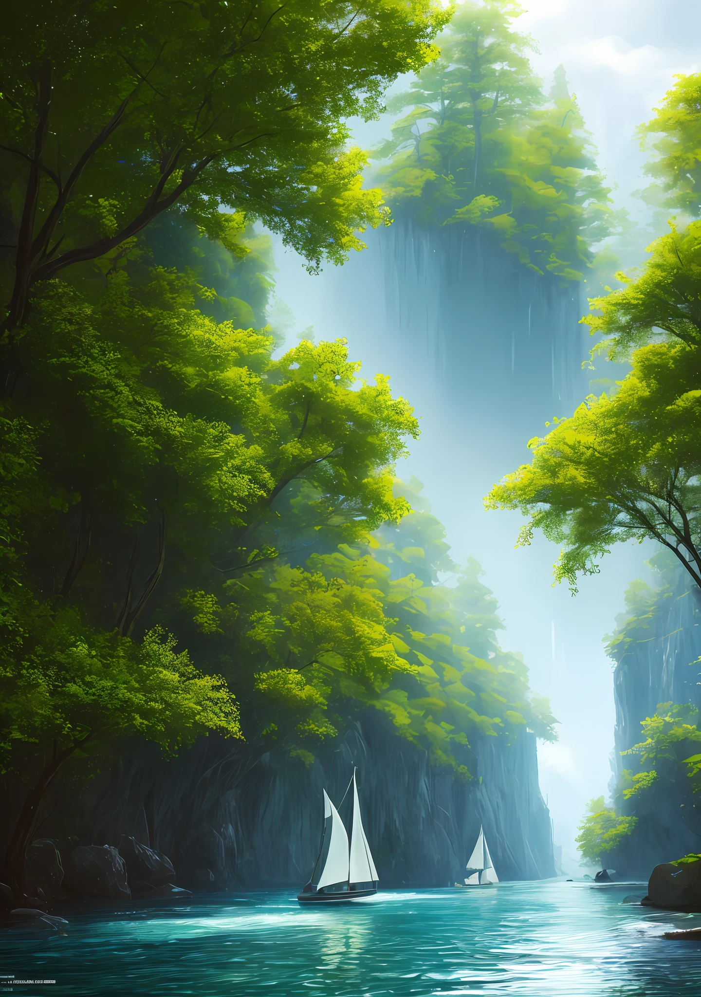masterpiece, best quality, high quality,extremely detailed CG unity 8k wallpaper, An enchanting and dreamy scene of aa large sailboat on a narrow river in fantasy forest, with towering trees, hidden fairy glens, creating a sense of mystique and enchantment, artstation, intricate, trending, award winning photography, Bokeh, Depth of Field, HDR, bloom, Chromatic Aberration ,Photorealistic,extremely detailed, trending on artstation, trending on CGsociety, Intricate, High Detail, dramatic, art by midjourney