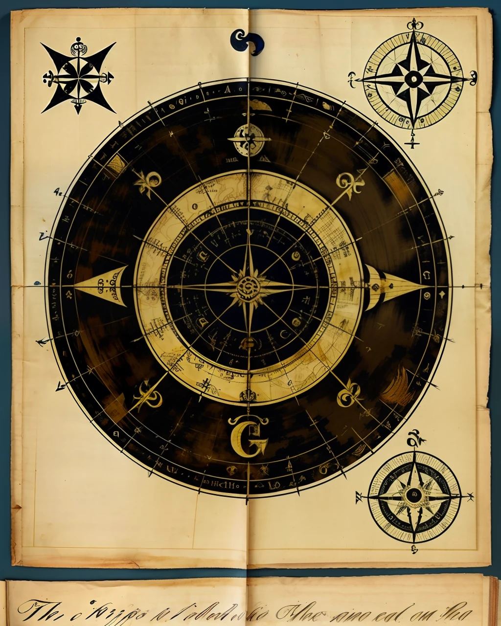 the front cover of an ancient medieval African codex, ebony parchment, nautical chart, nautical symbols, tooling, gold furniture, view from above, centred, extremely high details, scruffy:1.5, rough:1.5, stained:1.5, bright natural colours:1.5