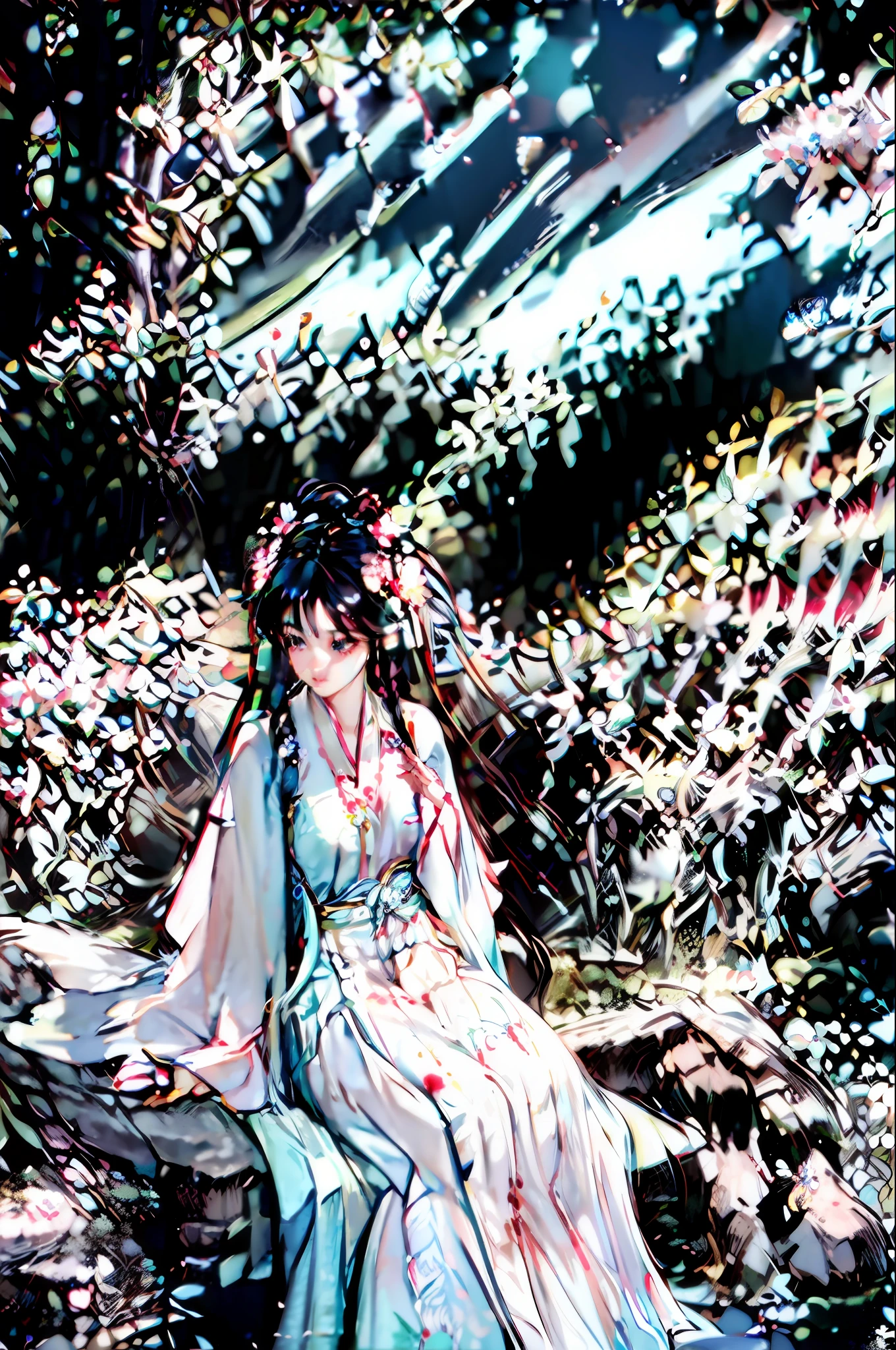 best quality,(RAW photo:1.2),(masterpiece:1.4),(photorealistic:1.4),(highres:1.4),
1girl, long hair, braid, butterfly, depth of field, from above,
hanami, cherry blossoms, lake, beautiful detailed water, black hair, long eyelashes, 
 pureerosface_v1, hanfu,
 AESPAKARINA,
