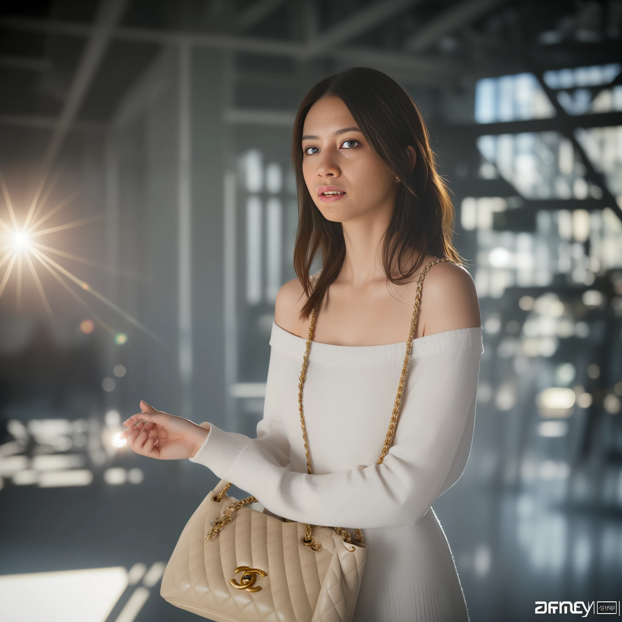 E-commerce photography, highly detailed RAW color photo, beautiful young girl, full body shot, indoors against white background, with Chanel bag on right shoulder, dynamic pose, (detailed skin), (detailed lips), (detailed Eyes), (Bags: 1.4), (Facial Detail), (Curves), Eye Detail, Chromatic Aberration, Depth of Field, Soft Lighting, Masterpiece, Best Quality, Complex, (Lens Flare: 0.7), (Flare: 0.7 ), particle effects, ray tracing, tone mapping, highly detailed, concept art, smooth, sharp focus, dramatic lighting, highly detailed artwork, film, hyper-realistic painting, trends on Artstation, 8K, midjourney art