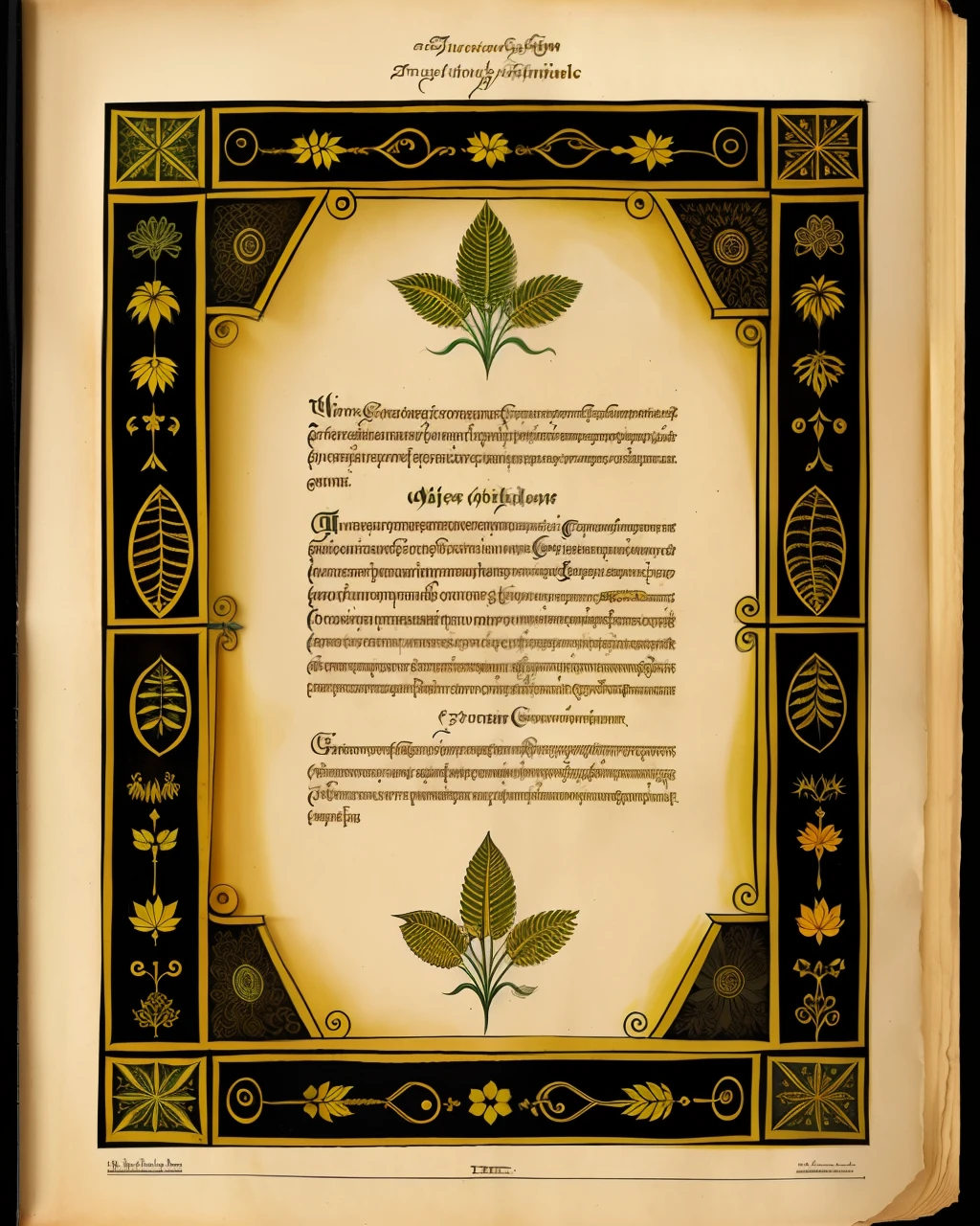 the front cover of an ancient medieval African herbal, golden text, black and ebony and green and red and yellow and brown parchment, exotic plants illustration, exotic animal illustration, tooling, gold furniture, view from above, centred, extremely high details, scruffy:1.5, rough:1.5, stained:1.5, bright natural colours:1.5