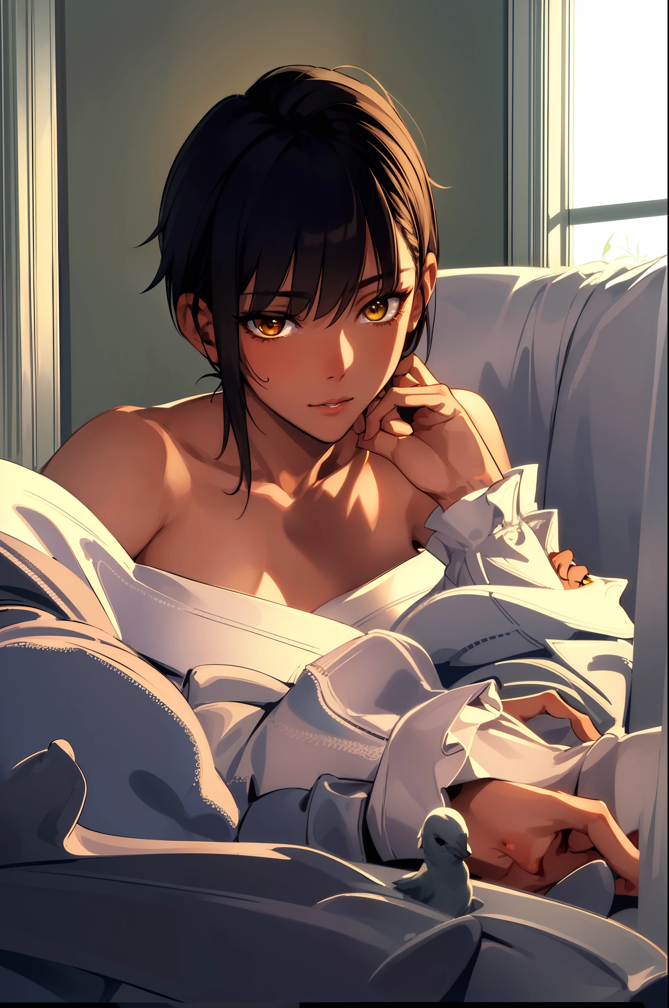 Solo, Top quality, Masterpiece, Highly detailed CG, Highly detailed 8K wallpaper, Bird's eye view, Highly detailed character, (very detailed and beautiful portrait), White chemise, Nipple, Portrait, Solo, Clear deep focus, (((sides shaved))) head dark skinned tomboy, dark hair, yellow eyes, detailed close-up portrait, headrest pose