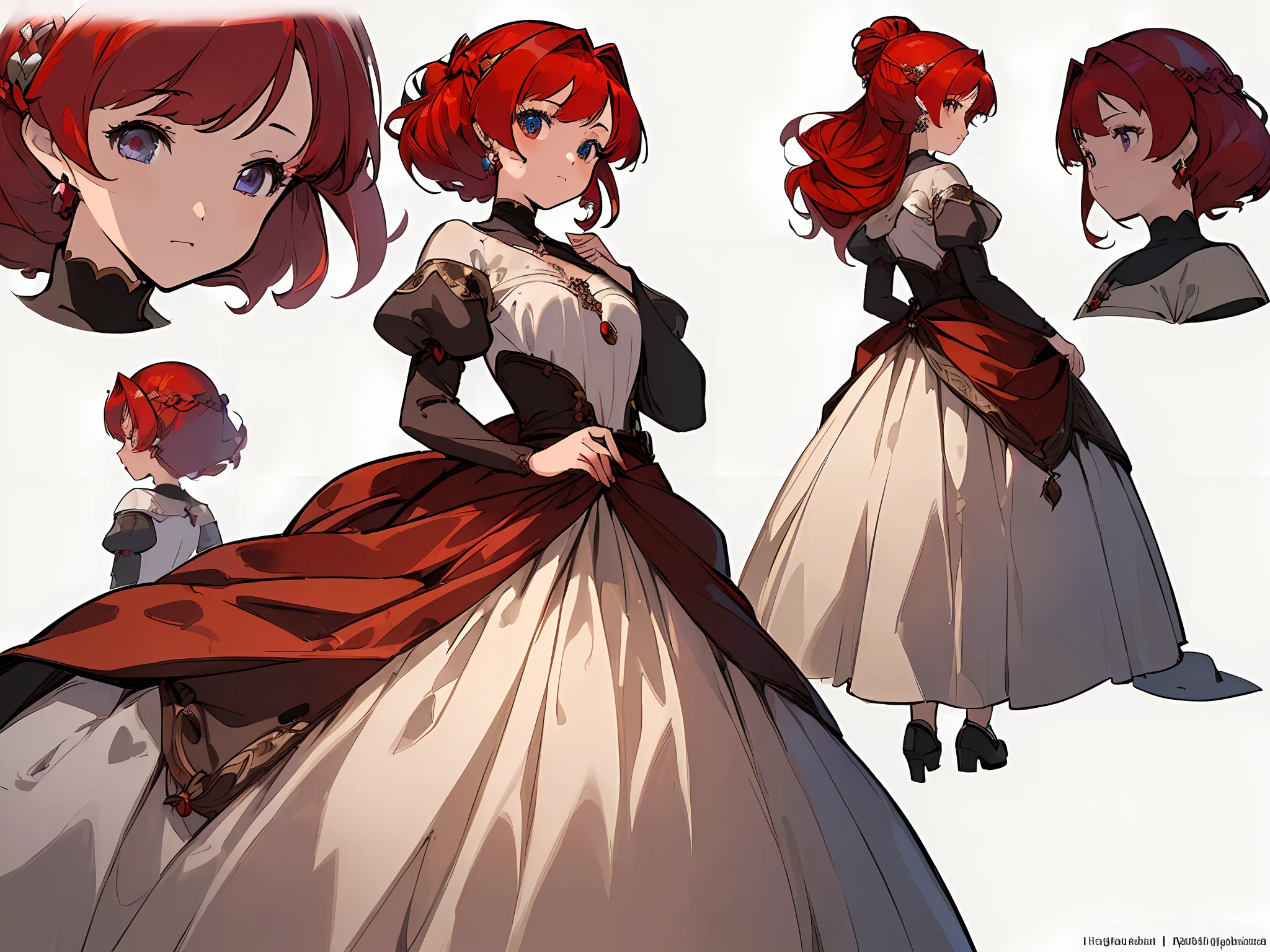 ((masterpiece)),(((best quality))),(character design sheet,same character,front,side,back),illustration,1 girl,red hair,princess cut,hair on eyes,beautiful eyes, Environment change, pose too, medieval princess dress, magic, charturnbetalora, (simple background, white background: 1.3)