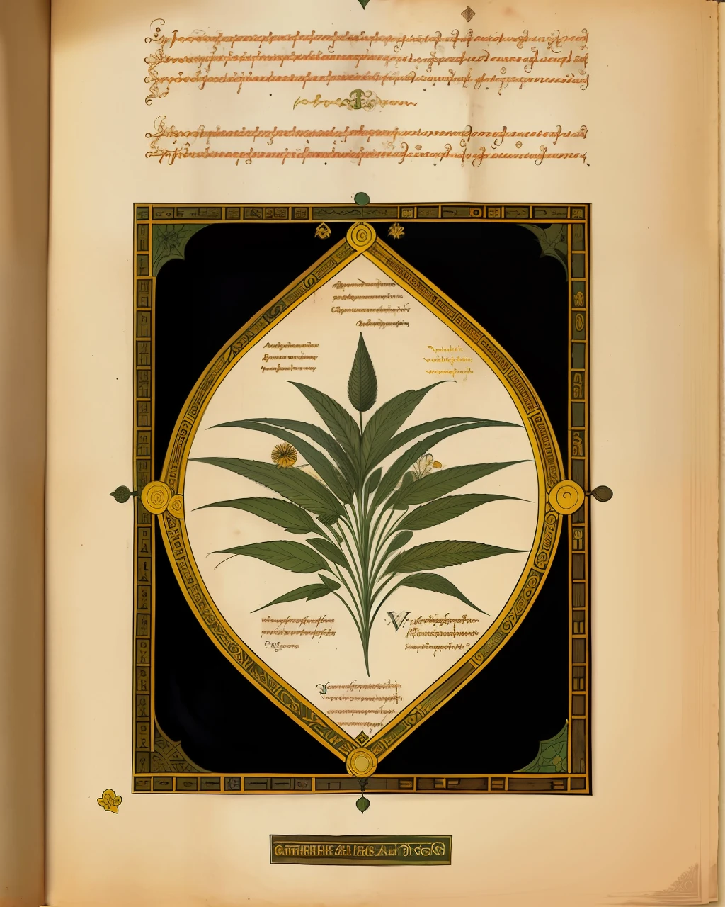 the front cover of an ancient medieval African herbal, golden text, black and ebony and green and red and yellow and brown parchment, exotic plants illustration, exotic animal illustration, tooling, gold furniture, view from above, centred, extremely high details, scruffy:1.5, rough:1.5, stained:1.5, bright natural colours:1.5