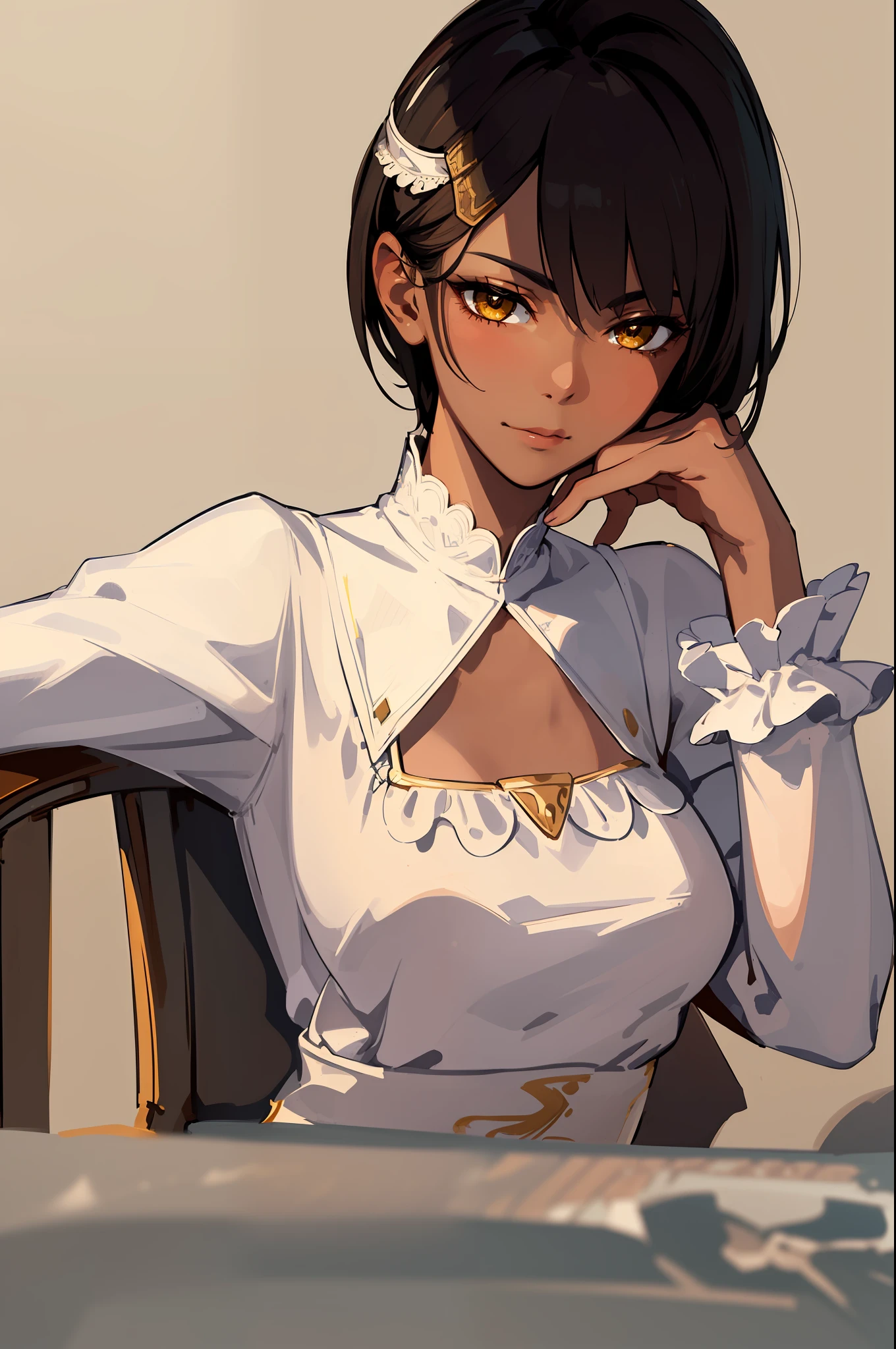 Solo, Top quality, Masterpiece, Highly detailed CG, Highly detailed 8K Wallpaper, Highly detailed character, (Very delicate and beautiful portrait), Open front blouse, Nipple, Portrait, Solo , sharp focus, (((sides shaved))) head dark skinned tomboy, dark hair, yellow eyes, detailed close-up portrait, headrest pose