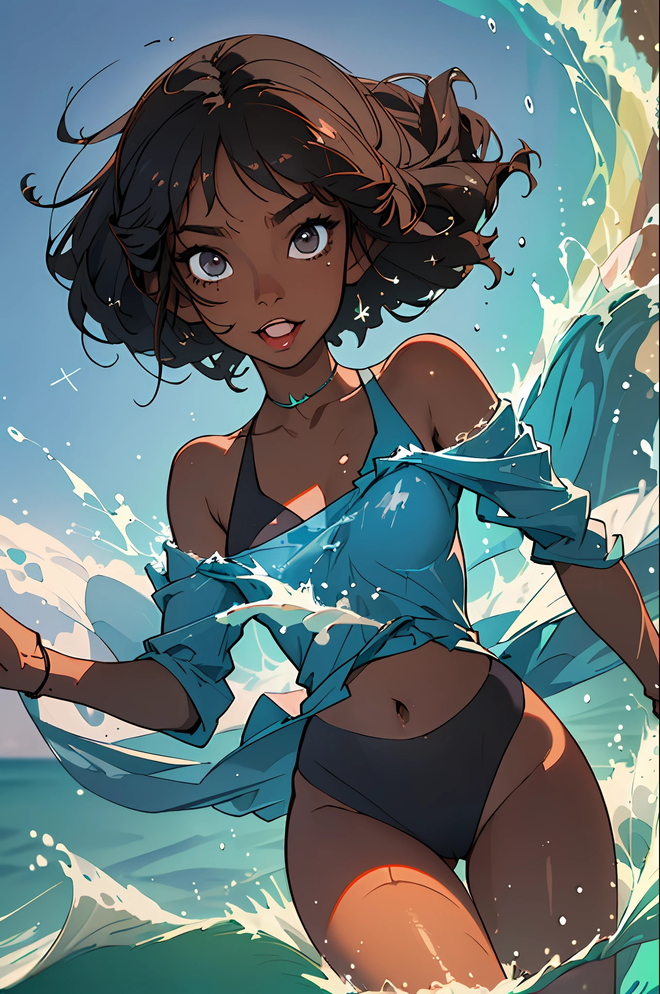 (best quality, masterpiece:1.3), 1girl, (dark skin tone:1.2), short voluminous curly hair, bikini, ocean, in water, wet, happy