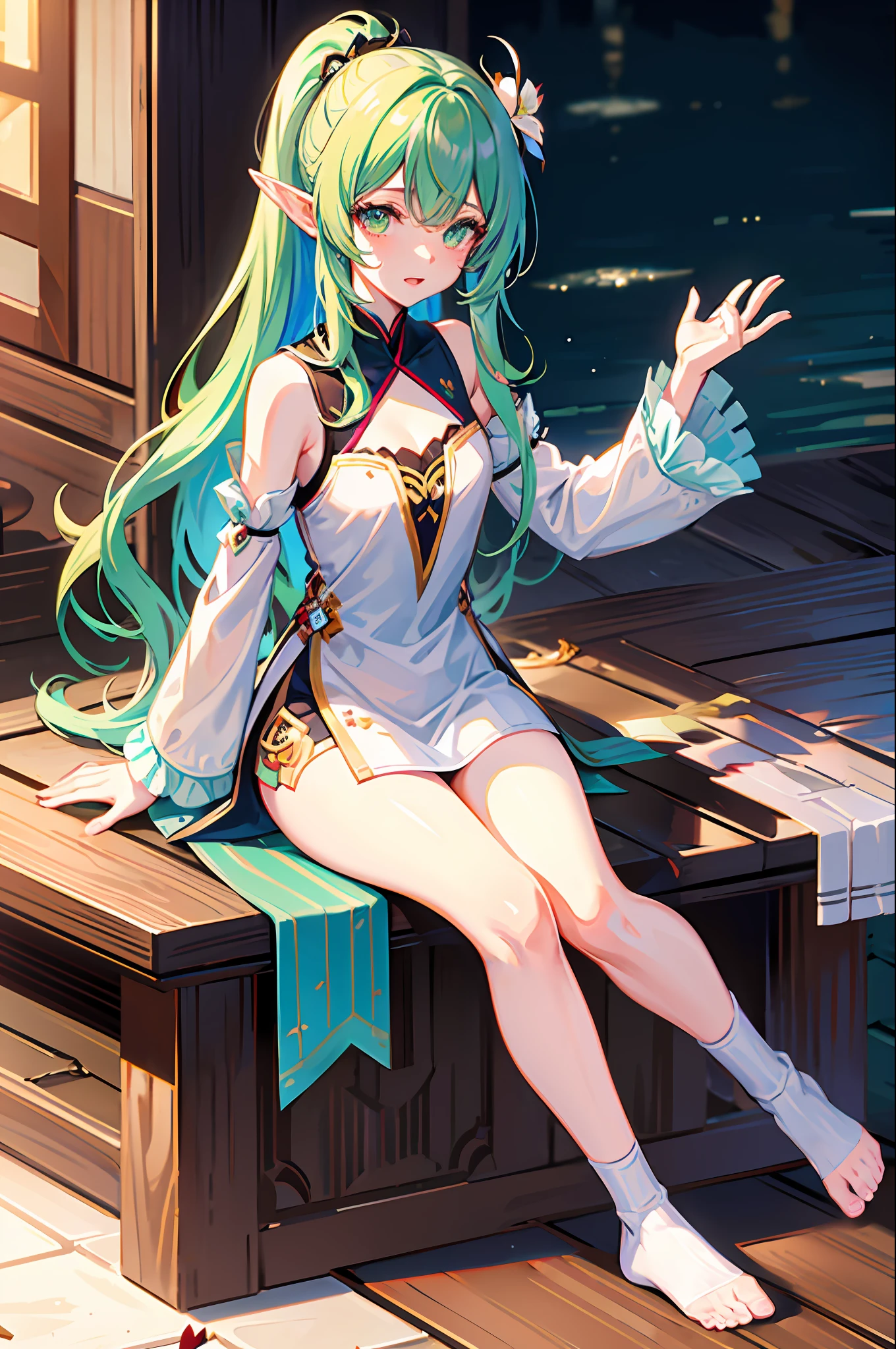 torino aqua, 1girl, :d, bangs, bare shoulders, bracer, branch, building, colored tips, commentary request, cross-shaped pupils, crossed bangs, crystal, crystalfly \(genshin impact\), detached sleeves, dot nose, dress, elf, feet, flower, flower request, gem, genshin impact, gradient hair, green eyes, green gemstone, green hair, hair ornament, highres, lace trim, leaf hair ornament, light blush, looking at viewer, multicolored hair, nahida \(genshin impact\), nature, no shoes, on floor, open mouth, outstretched hand, parted lips, pillar, pointy ears, red flower, rose, short dress, short sleeves, shorts, side ponytail, sidelocks, sitting, sleeveless, sleeveless dress, smile, socks, solo, stairs, stirrup legwear, symbol-shaped pupils, thighs, toeless legwear, toes, torino aqua, tree, two-tone dress, two-tone hair, water, waterfall, white dress, white flower, white hair, white shorts, white socks, yokozuwari,