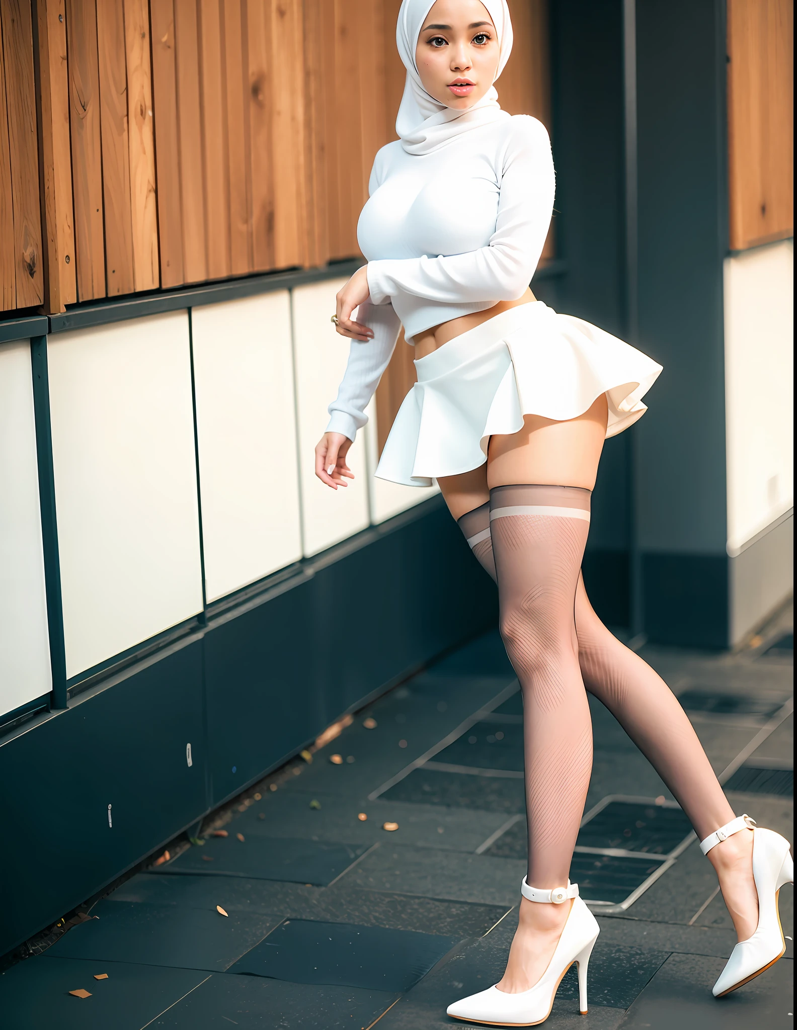Hijab, mini skirt, large breast, pantyhose, full body, white high heels