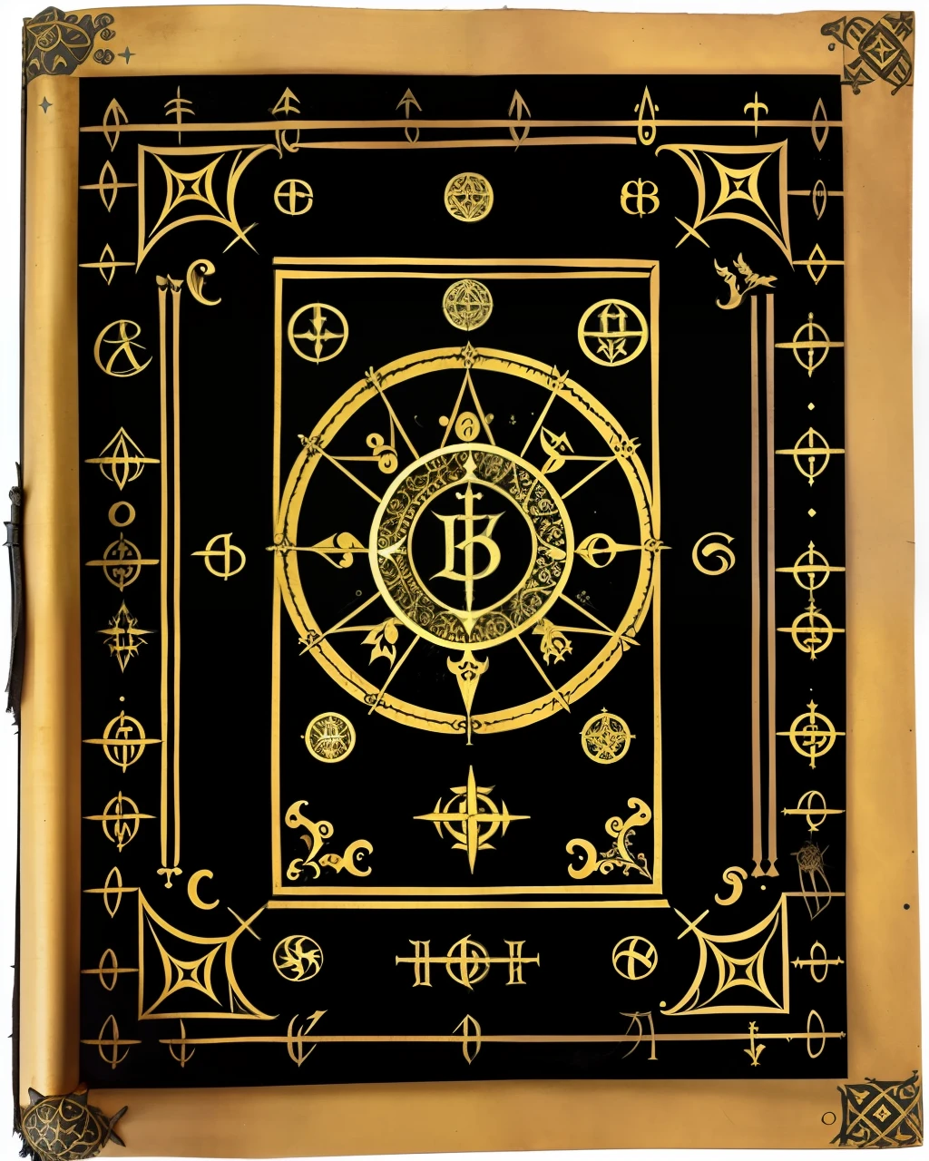 the front cover of an ancient medieval Gothic codex, black and ebony leather, golden text, demonic symbols, mystical symbols, occult symbols, tooling, gold furniture, view from above, centred, extremely high details, scruffy:1.5, rough:1.5, stained:1.5, bright natural colours:1.5