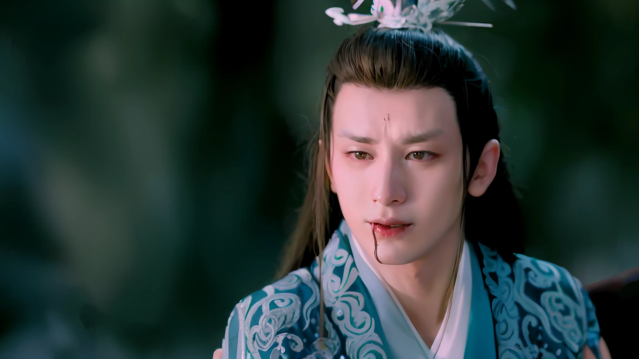 (Male: 1.1), [Monochrome: Pastel Color: 0.6] Theme, (Masterpiece), (Best Quality), (Detail), Light Layer, Glossy Skin, (Complicated Details: 1.1), Black Hair, Long hair, black eyes, fairy hero, sad