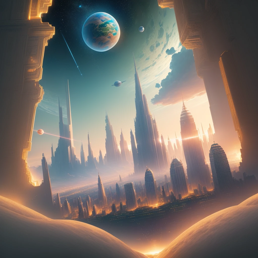 ((master piece)),best quality, (8k, best quality, masterpiece:1.2), ultra-detailed, illustration, Grand scene, big city, Science fiction, Floating city, many planets in the skies, aether