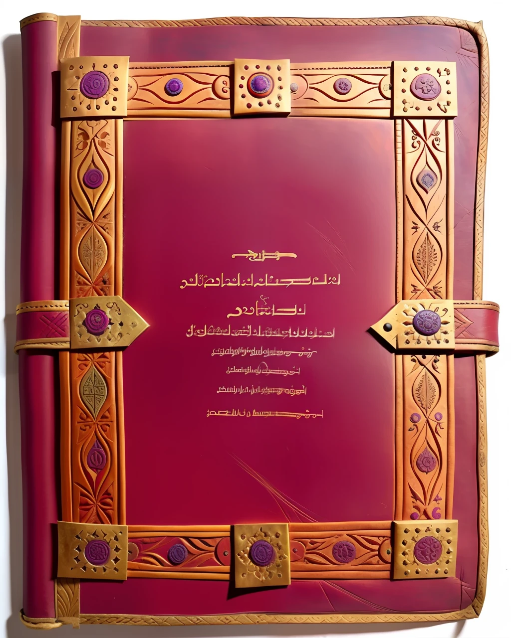 the front cover of an ancient medieval Turkish codex, red and gold and purple leather, tooling gold furniture, view from above, centred, extremely high details, scruffy:1.5, rough:1.5, stained:1.5, bright natural colours:1.5