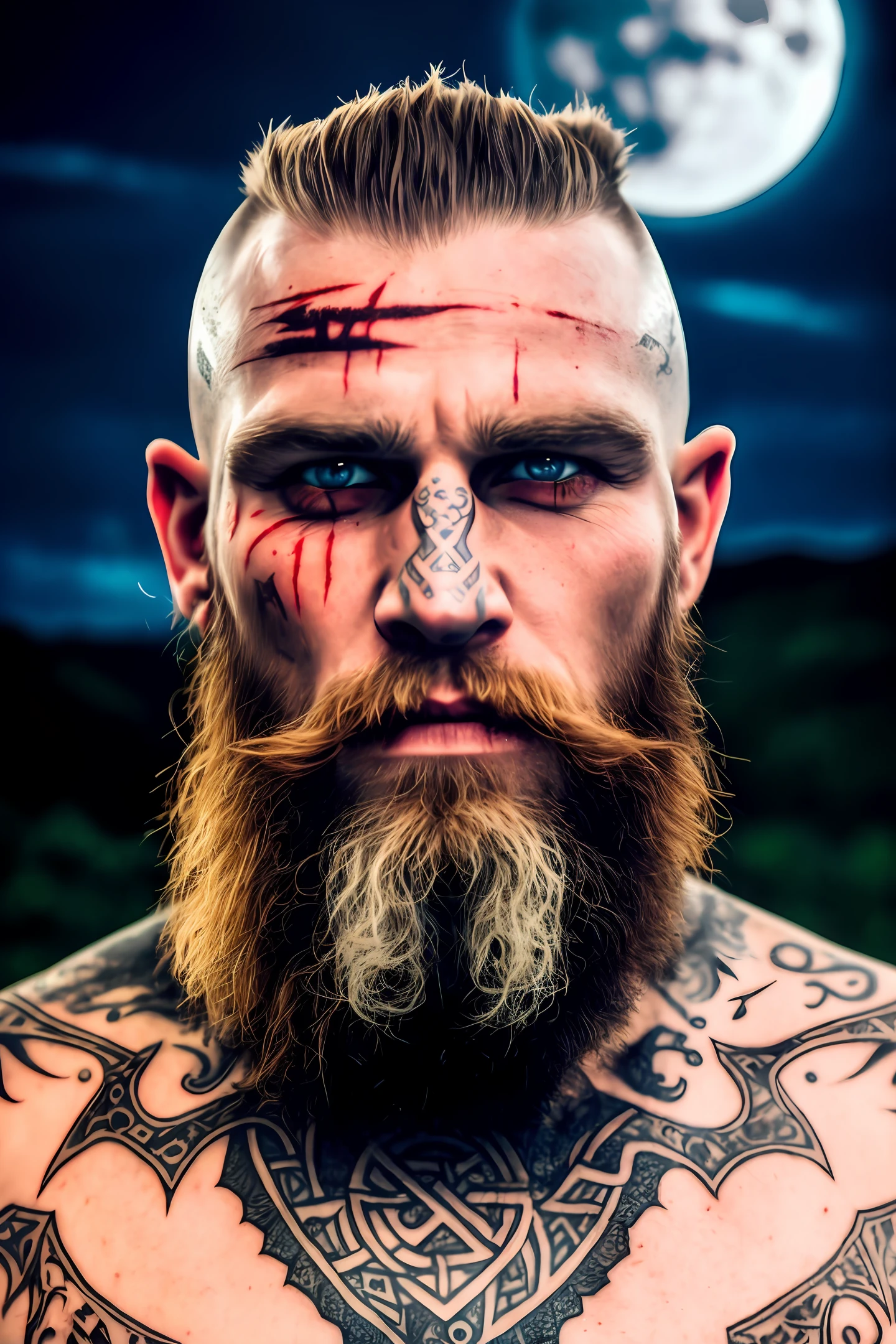 Viking, blue eyes, brunette, shaved on the lateral of the head, rune tattoos on the head and face, beard, vampire, blood on his mouth, full moon in background