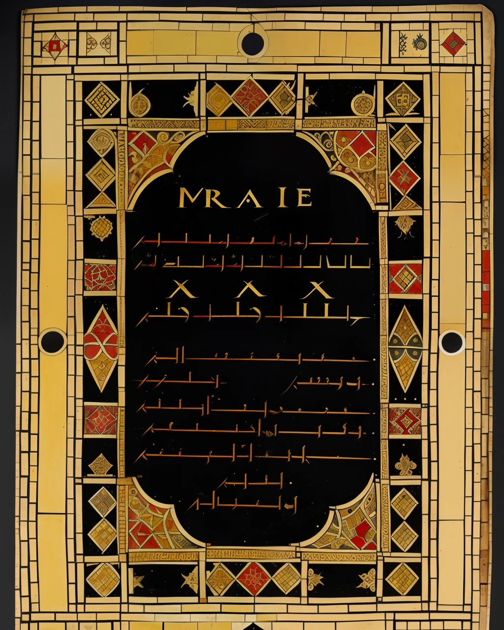 the front cover of an ancient medieval Turkish codex, polychrome mosaic leather, title in black and gold and red ink, tooling, gold furniture, view from above, centred, extremely high details, scruffy:1.5, rough:1.5, stained:1.5, bright natural colours:1.5