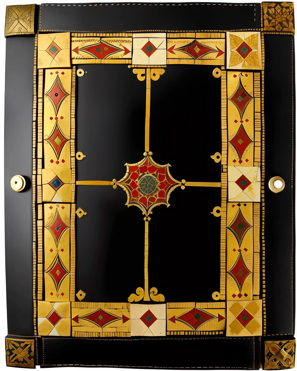 the front cover of an ancient medieval Turkish codex, polychrome mosaic leather, title in black and gold and red ink, tooling, gold furniture, view from above, centred, extremely high details, scruffy:1.5, rough:1.5, stained:1.5, bright natural colours:1.5