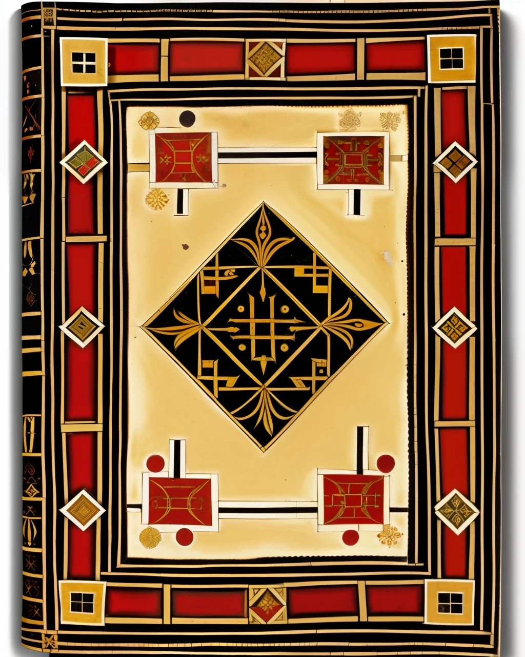 the front cover of an ancient medieval Turkish codex, polychrome mosaic leather, title in black and gold and red ink, tooling, gold furniture, view from above, centred, extremely high details, scruffy:1.5, rough:1.5, stained:1.5, bright natural colours:1.5