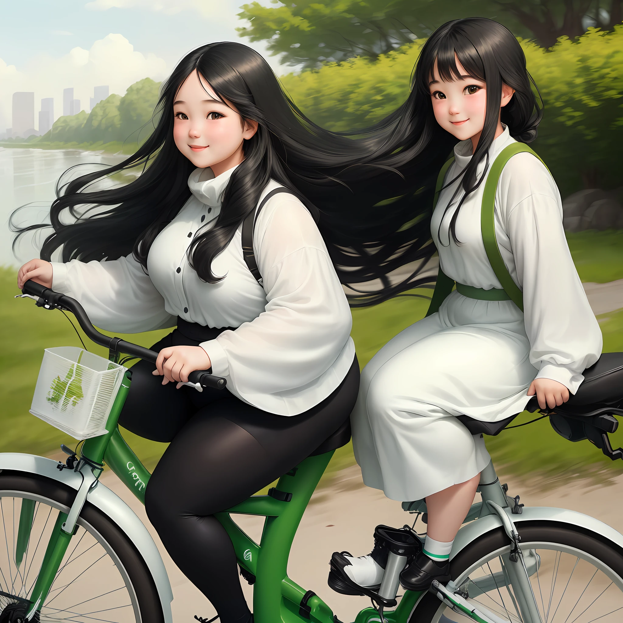 Girl with black long hair, slightly fat, wearing white clothes, riding a green bicycle, on the riverside path, carrying another girl in the back seat, ponytail, smiling