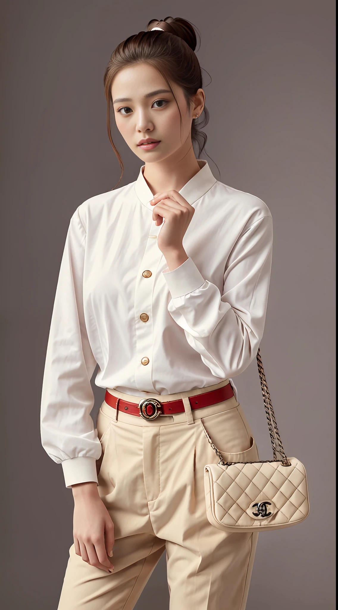 E-commerce female model photography, white background, model height 1.68, wearing Korean clothes, shoulder (Chanel mini bag: 0.6), (realistic: 1.4), lower half wearing Korean pants, soft lighting, masterpieces, best quality, super realistic details, commercial photography, dynamic pose, 3D C4D, film, super realistic painting, 8k, midjourney art