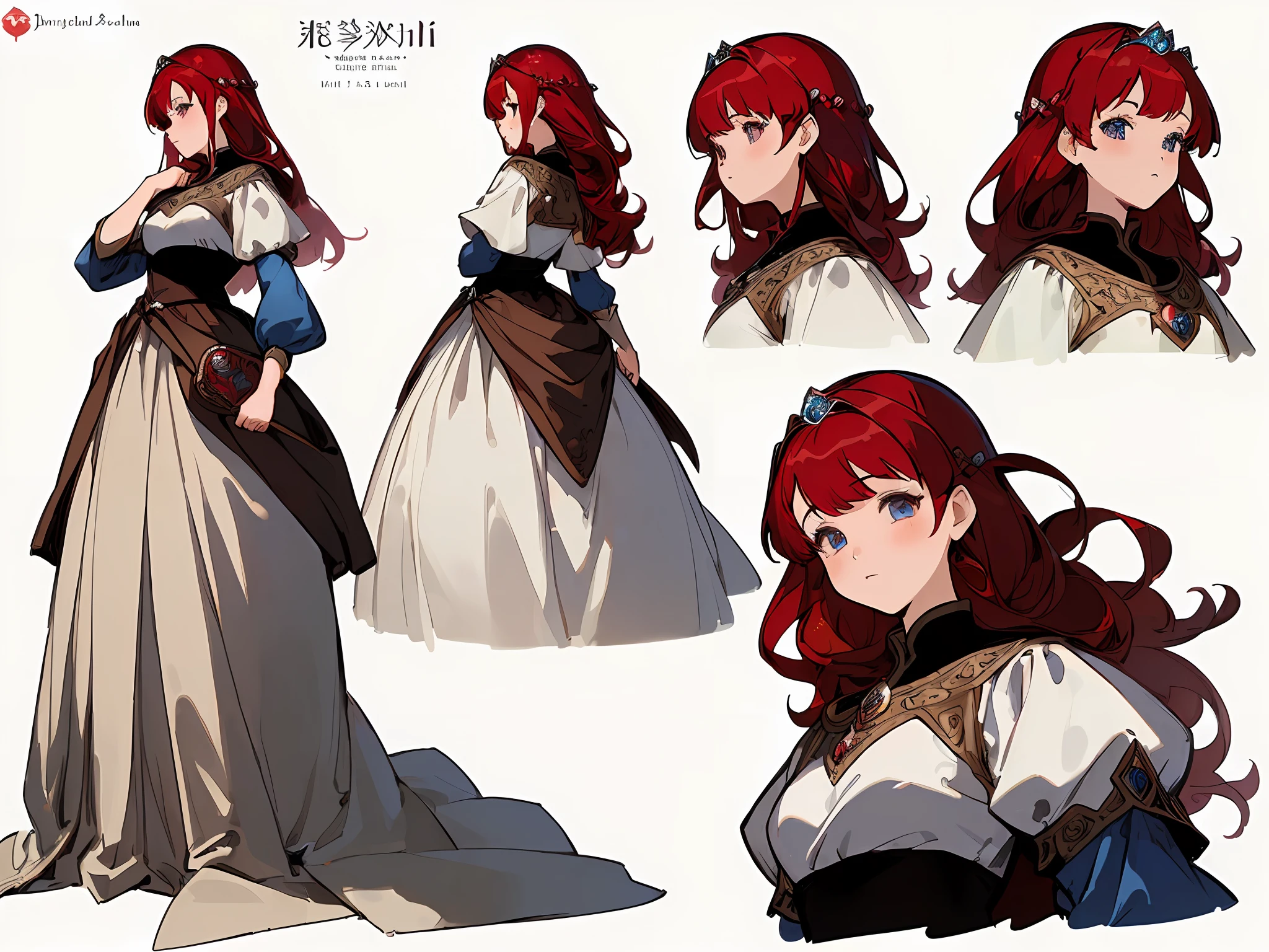 ((masterpiece)),(((best quality))),(character design sheet,same character,front,side,back),illustration,1 girl,red hair,princess cut,hair on eyes,beautiful eyes, Environment change, pose too, medieval princess dress, magic, charturnbetalora, (simple background, white background: 1.3)