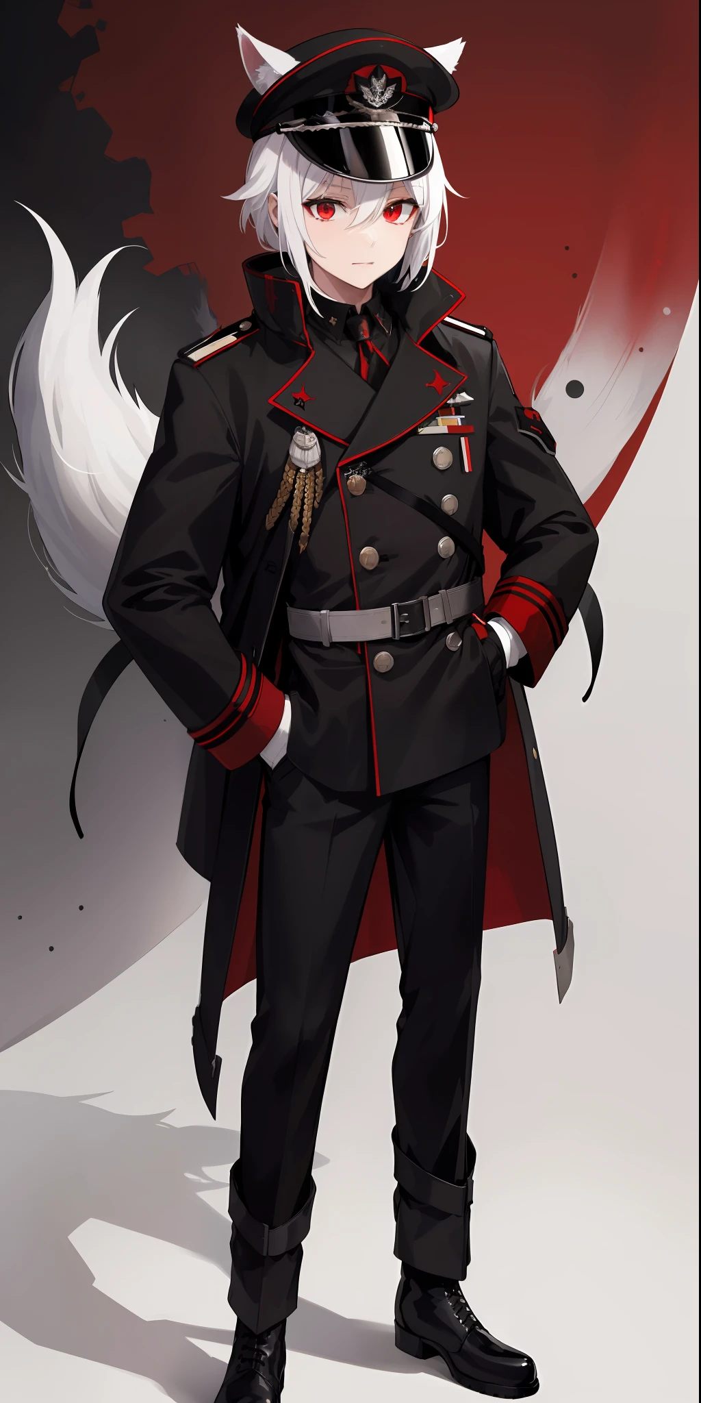 white hair, black peaked general cap, red eyes, slim black military trench coat, black combat boots, black pants, wolf ears, wolf tail, HD, masterpiece, vibrant