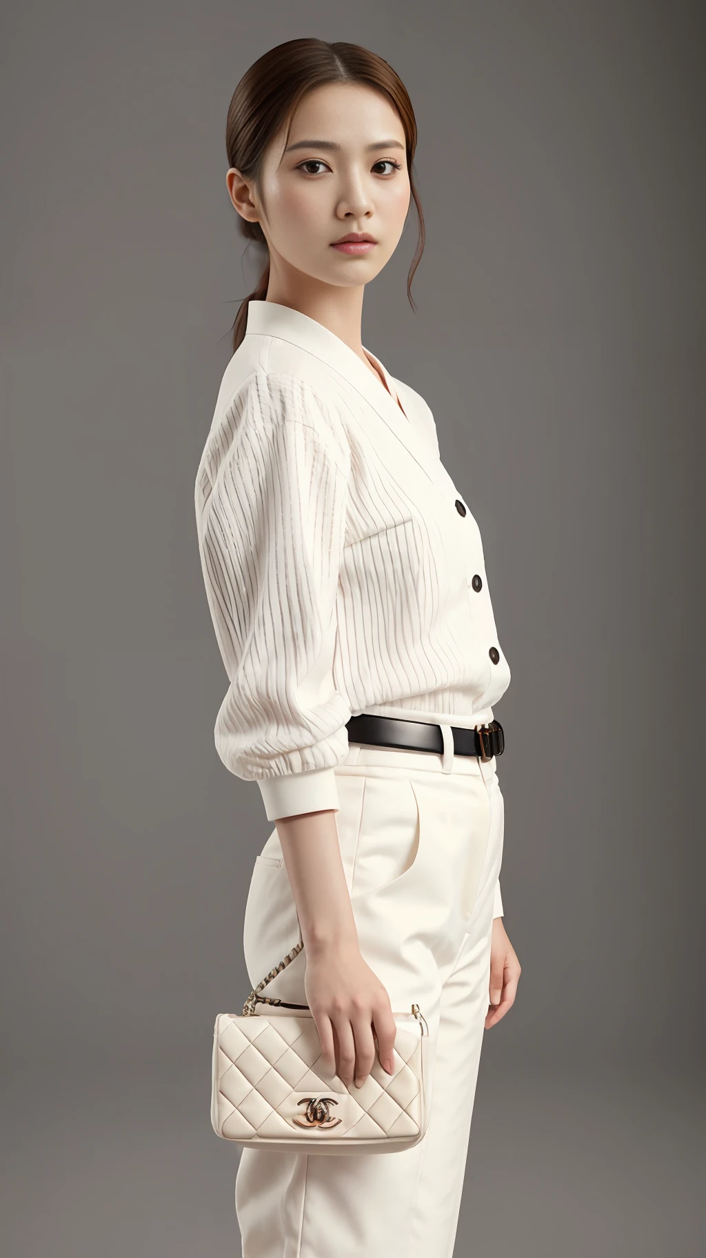 E-commerce female model photography, white background, model height 1.68, wearing Korean clothes, shoulder (Chanel mini bag: 0.6), (realistic: 1.4), lower half wearing Korean pants, soft lighting, masterpieces, best quality, super realistic details, commercial photography, dynamic pose, 3D C4D, film, super realistic painting, 8k, midjourney art