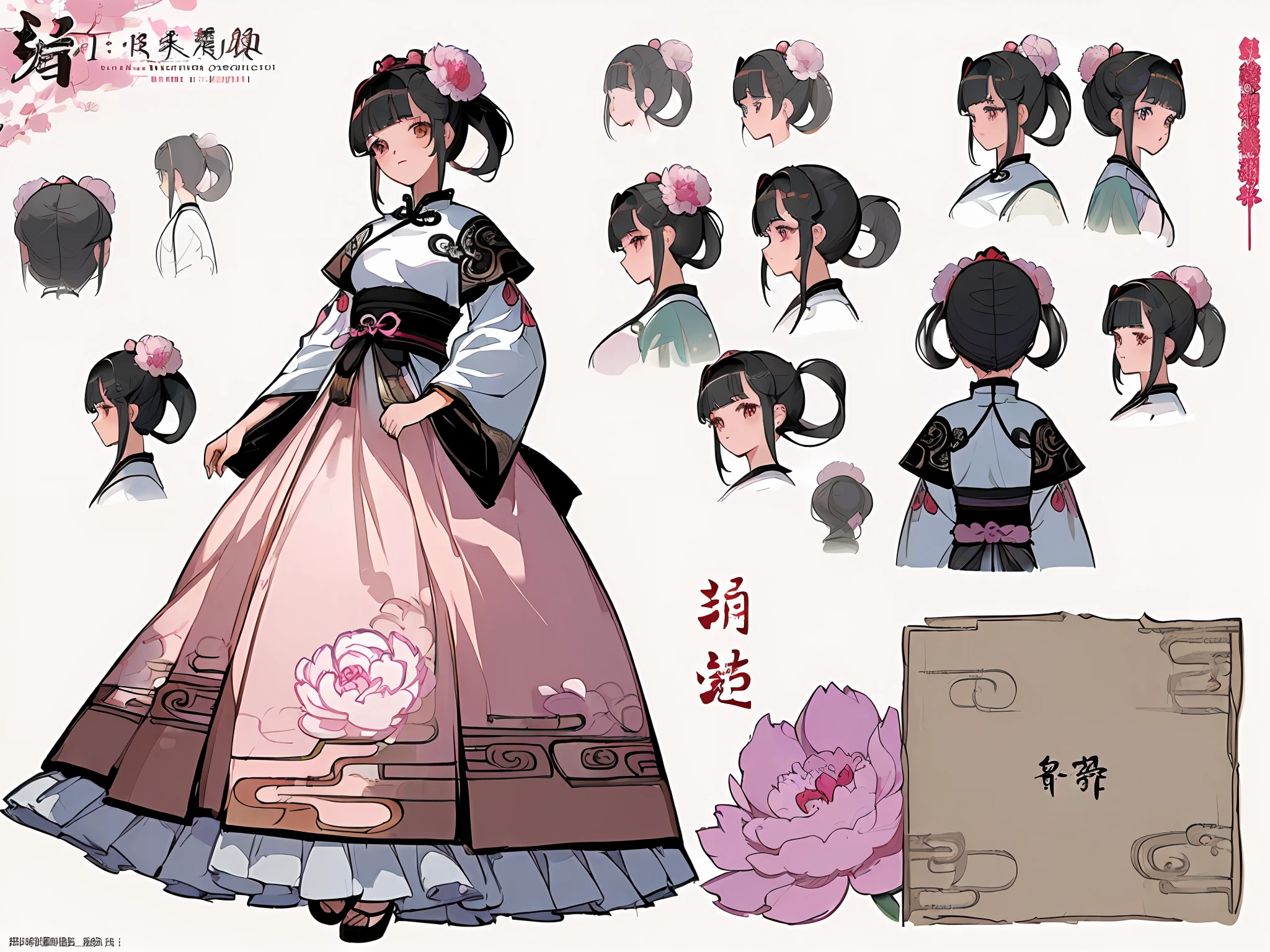 ((masterpiece)),(((best quality))),(character design sheet, same character, front, side, back), illustration, 1 girl, hair color, hairpin, bangs, hairstyle fax, eyes, environment Scene change, hairstyle fax, pose Zitai, female, ancient Chinese princess, peony flower, charturnbetalora, (simple background, white background: 1.3)