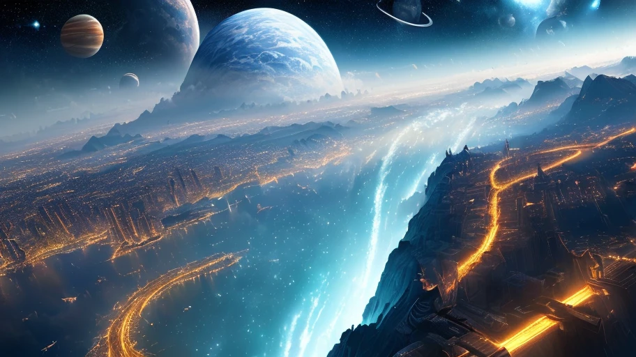 ((master piece)),best quality, (8k, best quality, masterpiece:1.2), ultra-detailed, illustration, Grand scene, big city, Science fiction, Floating city, many planets in the skies, clouds around, celestial architecture