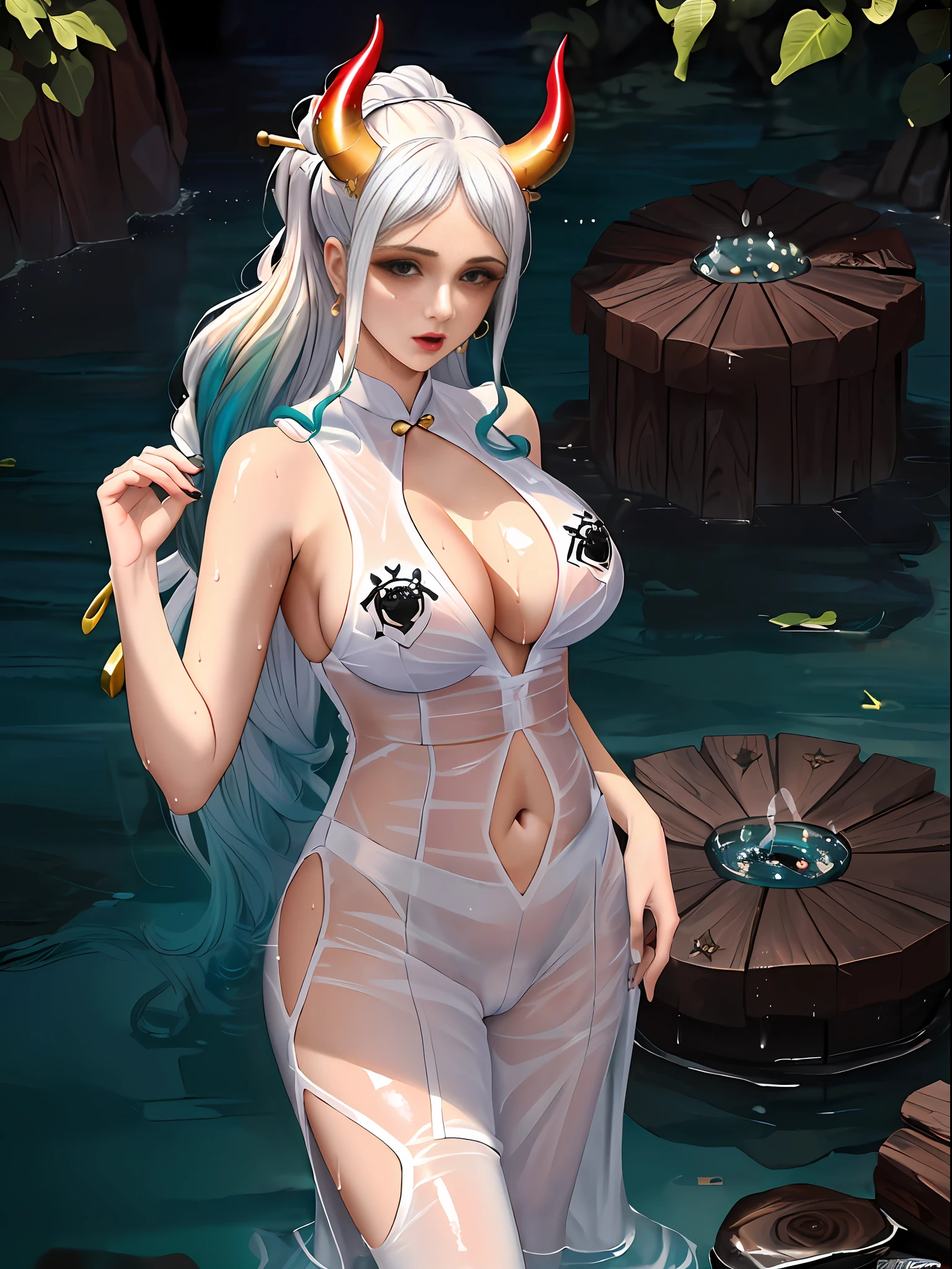 Under the contrast of high-quality live-action photography 8K contrasting background, this is a frontal dungeon with exquisite painting style, tears, eyes rolling 1.3. Her hair is messy, revealing some pubic hair and half of her breasts, a fig leaf, disheveled clothes, a nose ring, and the overall color is white. Horror atmosphere. repressed. There are horns on the head, and there are two red and yellow horns on the head. The ends of the hair are curly. White transparent cheongsam. (Wearing a white transparent fabric cheongsam with an opening on the chest, the highest fabric material, 8k performance of the fabric, rendering by physics engine calculations)::1.96. (high quality, detailed CG art), (beautiful illumination and shadow, floating effect) (1 person) (glossy hair, blue hair: 1.2+white hair: 1.6), when the skin between the chest volume and lower abdomen is moist, drip The falling drops of water and sweat slide down together, sexy and gorgeous, and the static photos convey a dynamic effect. (Extremely detailed, finely crafted, highest quality, strong mirror reflection in the bikini, clear latex texture) The woman is beautiful, extremely sexy, glamorous, full of temptation, and the transparent texture of the leggings is just right, which makes people feel beautiful My eyes lit up. ((NSFW, low saturation))((oily skin)),((droplets of water on the skin)),((erotic)):1.6. The body is moist and shiny, the body is moist and shiny, the body is moist and shiny, bigger breasts, bigger ass. ((masterpiece)), best quality, ultra-detailed, highly realistic, the whole body is wet, bathed in the rain, every sweat bead is clearly visible. (Masterpiece:1.6), (best quality:1.5), ultra highres,1girl, extremely detailed,8k, beautiful, detailed eyes, looking at viewer, strong dark colors, (depth of field), (dynamic), (epic), Sharp Focus, (Complicated Details: 1.86), Full Color, Nano\(One Piece\), Bangs, Strapless, Belt, Gold Striped Transparent Heart Nipsticks, Blue Sky, Bracelets, Breasts, (Orange Eyes: 1.72), Bubbles , cleavage, clouds, daytime, earrings, flowing hair, blue transparent heart nipple stickers, groin, obvious vest line, jewelry, big breasts, long hair, belly button, orange hair, clear latex pants, shoulder tattoo, collarbone Obvious, Sky, Smiling, Single, Standing, Obscene tattoos on the abdomen, only nipple stickers on the upper body, tattoos, pirate ship, (one piece), (strength: 1.4), ((whole body)), the body is wet and shiny,