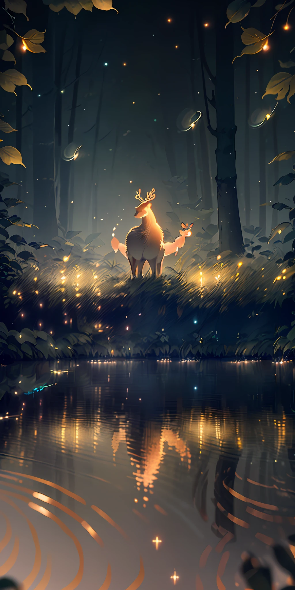 Masterpiece, best quality, (very detailed CG unity 8k wallpaper), (best quality), (best illustration), (best shadows), glow sprite, with a glowing deer, in the swimming pool Drinking water, natural elements in the forest theme. Mysterious forest, beautiful forest, nature, surrounded by flowers, delicate leaves and branches surrounded by fireflies (natural elements), (jungle theme), (leaves), (twigs), (fireflies), (particle effects) etc. 3D , Octane rendering, ray tracing, super detailed