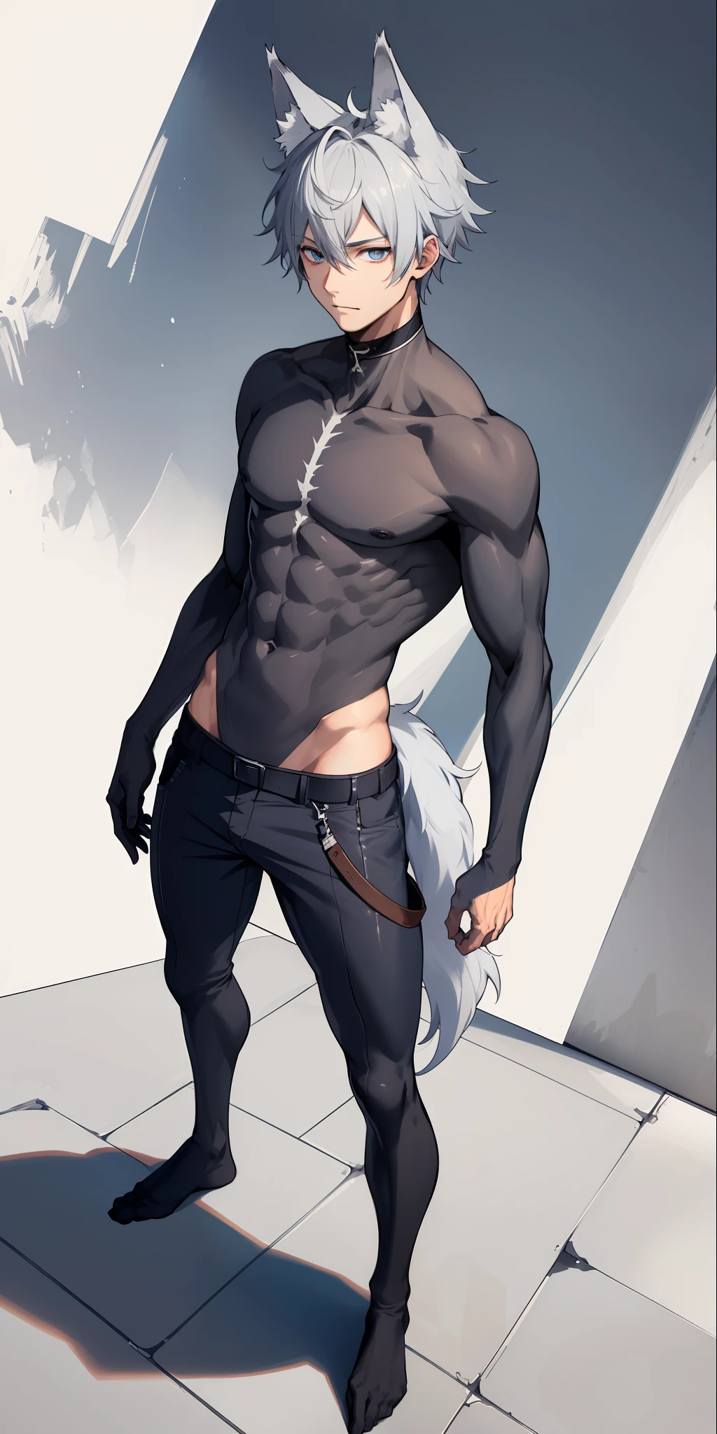 1boy, toned, gray hair, slim, blue eyes, HD, vibrant, masterpiece, full body view, wolf ears, wolf tail
