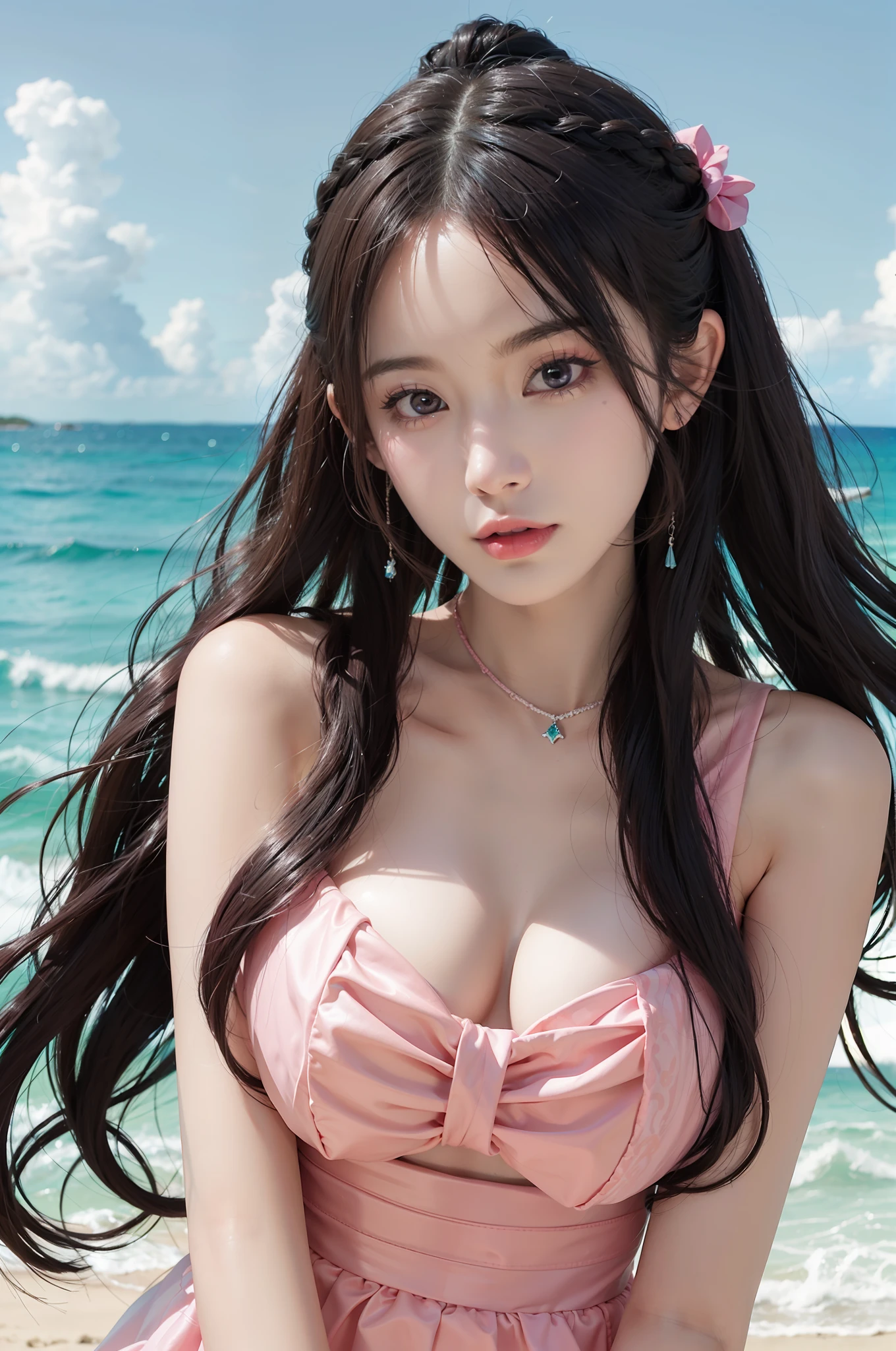 a girl with fish on her hair in the ocean, in the style of kawaii aesthetic, photorealistic scenes, light pink and dark aquamarine, i can't believe how beautiful this is, dark azure and pink, shiny/glossy, exaggerated facial features
