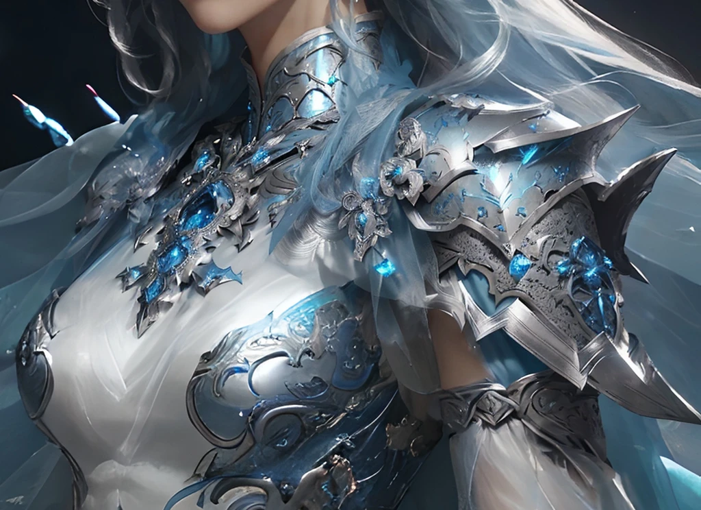 Ethereal armor, light blue armor, feather ornaments, detailed fantasy armor art, epic detailed armor art, beautiful fantasy armor, blue dress, 2.5d CGI anime fantasy artwork, stunning character art, 4k fantasy art, highly detailed fantasy art, detailed fantasy digital art, fantasy art style