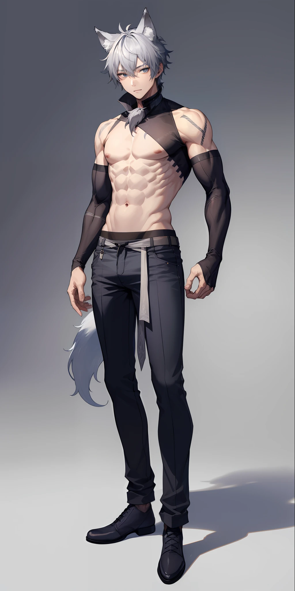 1boy, toned, gray hair, slim, blue eyes, HD, vibrant, masterpiece, full body view, wolf ears, wolf tail