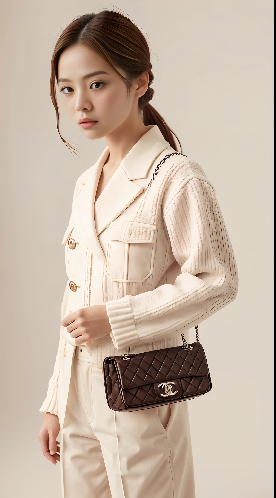 E-commerce female model photography, white background, model height 1.68, wearing Korean clothes, shoulder (Chanel mini bag: 0.6), (realistic: 1.4), lower half wearing Korean pants, soft lighting, masterpieces, best quality, super realistic details, commercial photography, dynamic pose, 3D C4D, film, super realistic painting, 8k, midjourney art