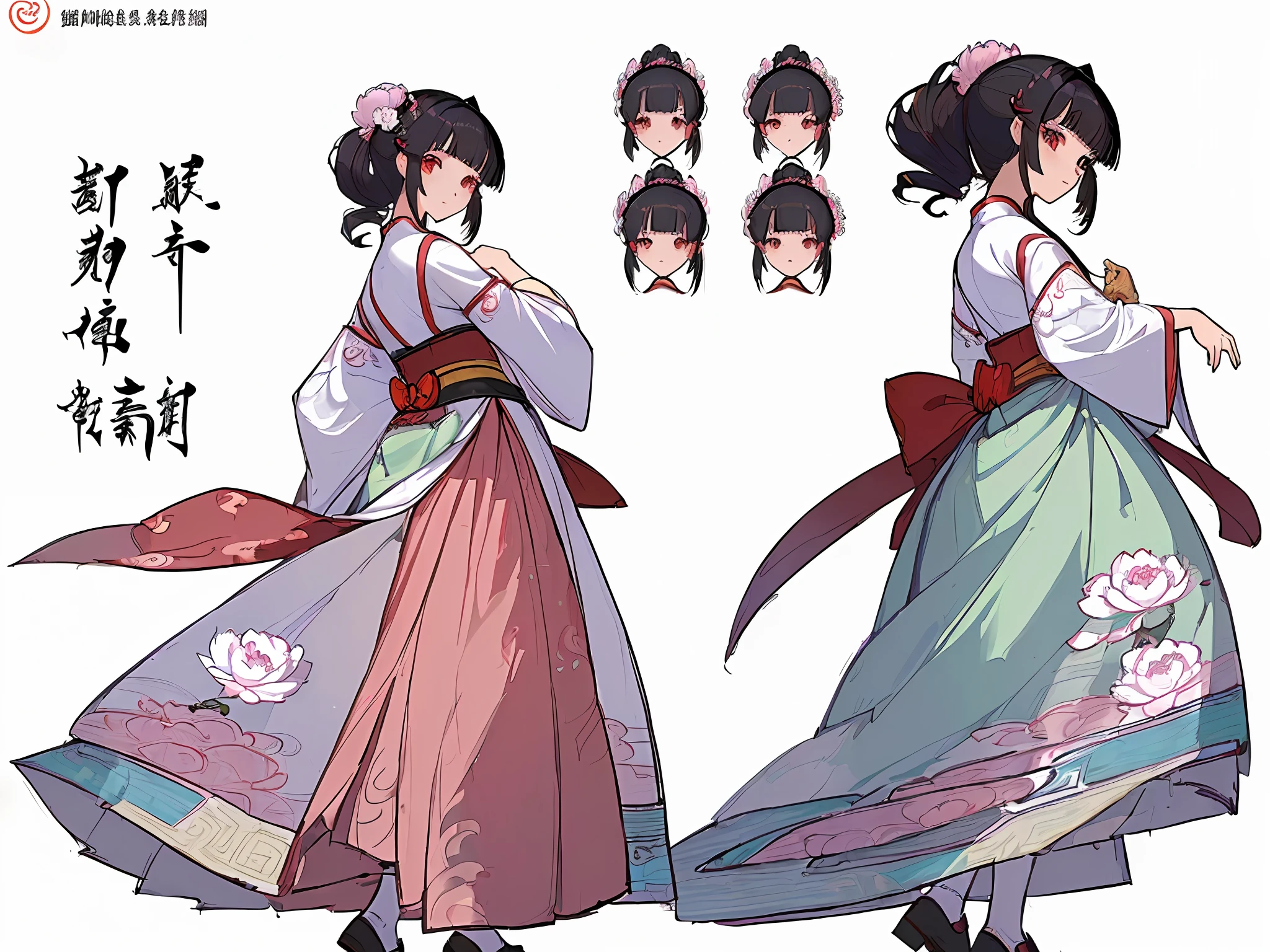 ((masterpiece)),(((best quality))),(character design sheet, same character, front, side, back), illustration, 1 girl, hair color, hairpin, bangs, hairstyle fax, eyes, environment Scene change, hairstyle fax, pose Zitai, female, ancient Chinese princess, peony flower, charturnbetalora, (simple background, white background: 1.3)