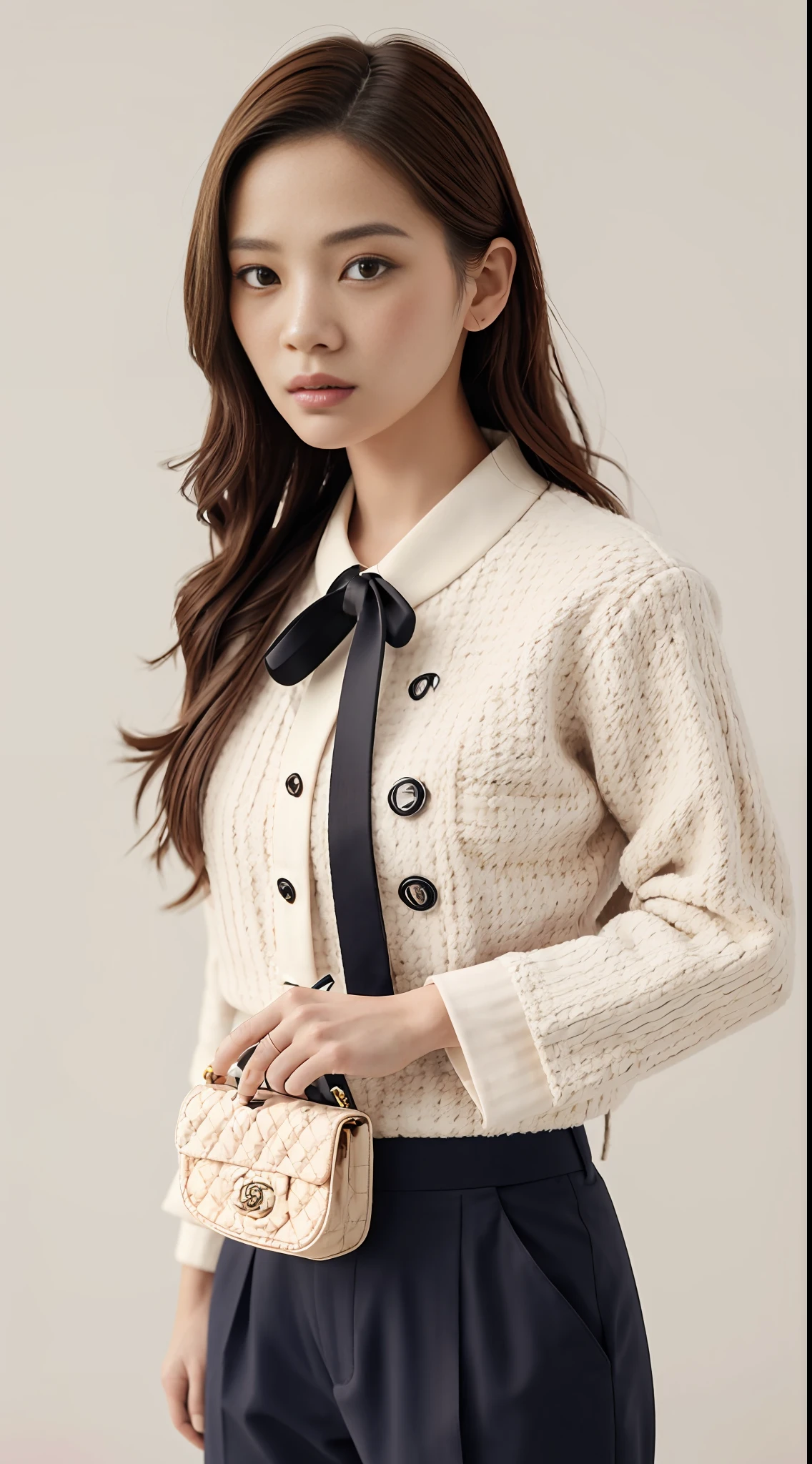 E-commerce female model photography, white background, model height 1.68, wearing Korean clothes, shoulder (Chanel mini bag: 0.6), (realistic: 1.4), lower half wearing Korean pants, soft lighting, masterpieces, best quality, super realistic details, commercial photography, dynamic pose, 3D C4D, film, super realistic painting, 8k, midjourney art