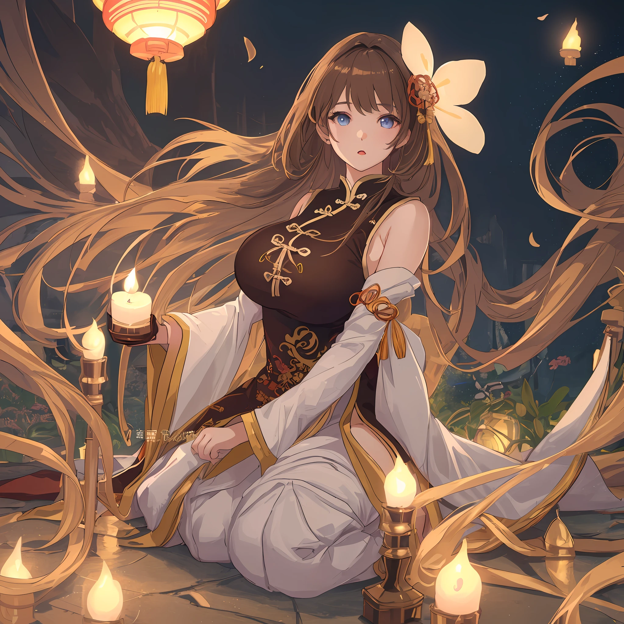 Parameters dudou, 1girl, beauty, solo, candle, brown hair, long hair, ulzzang-6500-v1.1, (raw photo: 1.2), ((photorealistic: 1.4)) best quality, masterpiece, illustration, extremely delicate and Beautiful, very detailed, CG, unity, 8k wallpaper, amazing, fine detail, masterpiece, best quality, official art, very detailed CG unity 8k wallpaper, ridiculous, unbelievably ridiculous, huge file size , ultra detailed, high resolution, very detailed, beautiful detailed girl, extremely detailed eyes and face, beautiful detailed eyes, movie lighting, 1 girl, perspective, sexy pose, looking at viewer, full body, full body shot, Outdoors, arms behind, big boobs, (sexy Chinese clothes)