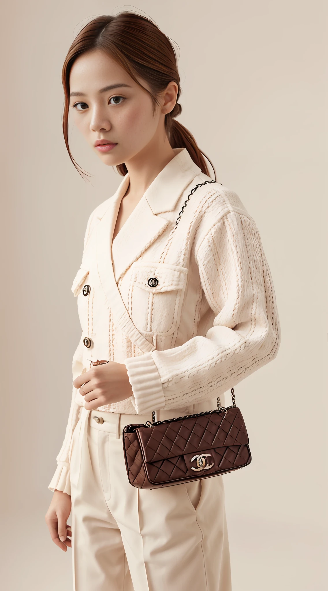E-commerce female model photography, white background, model height 1.68, wearing Korean clothes, shoulder (Chanel mini bag: 0.6), (realistic: 1.4), lower half wearing Korean pants, soft lighting, masterpieces, best quality, super realistic details, commercial photography, dynamic pose, 3D C4D, film, super realistic painting, 8k, midjourney art