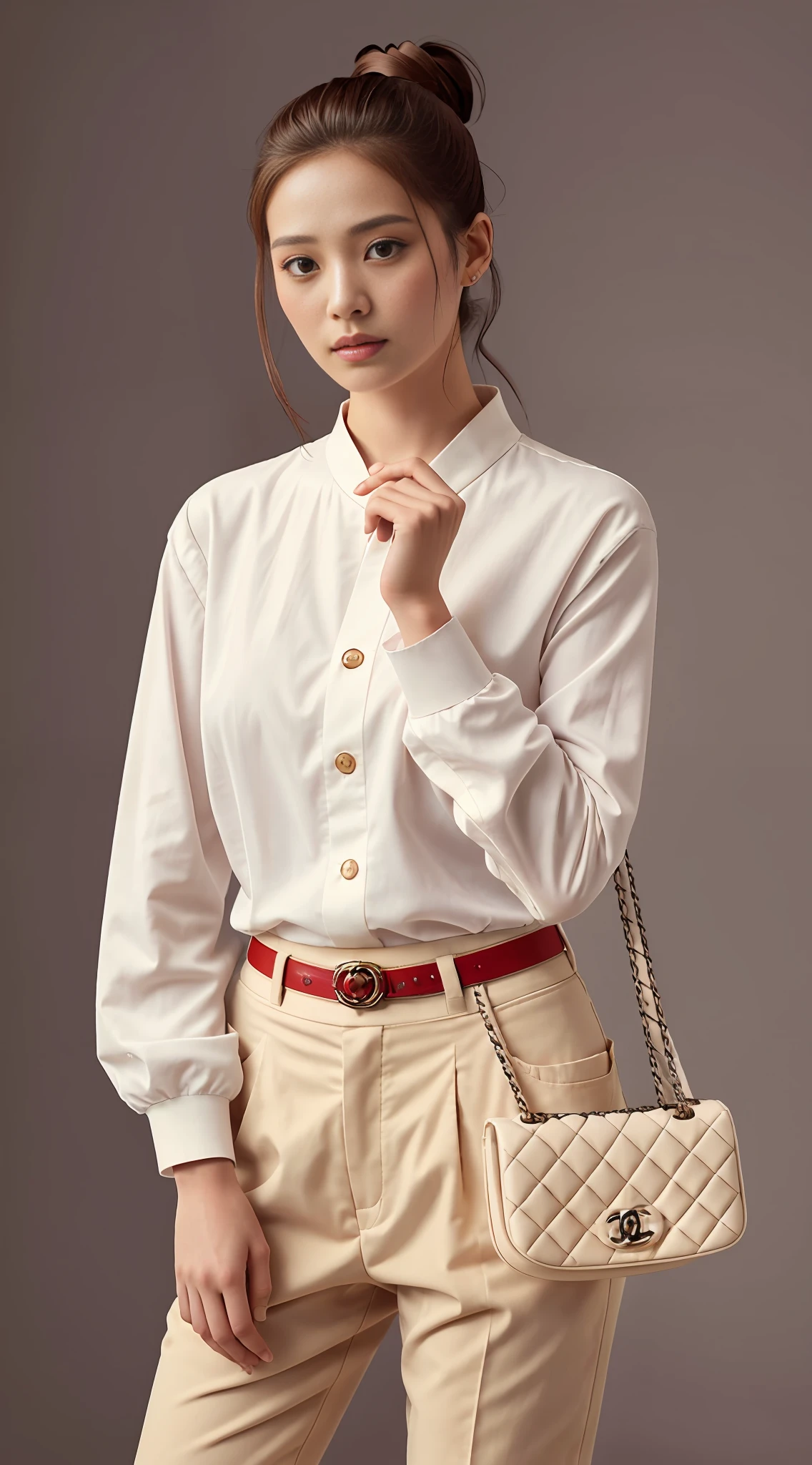 E-commerce female model photography, white background, model height 1.68, wearing Korean clothes, shoulder (Chanel mini bag: 0.6), (realistic: 1.4), lower half wearing Korean pants, soft lighting, masterpieces, best quality, super realistic details, commercial photography, dynamic pose, 3D C4D, film, super realistic painting, 8k, midjourney art