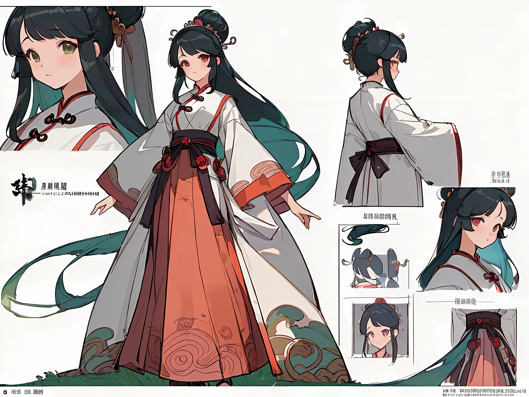 ((masterpiece)),(((best quality))),(character design sheet, same character, front, side, back), illustration, 1 girl, hair color, hairpin, bangs, hairstyle fax, eyes, environment Scene change, hairstyle fax, pose Zitai, female, ancient Chinese princess, charturnbetalora, (simple background, white background: 1.3)