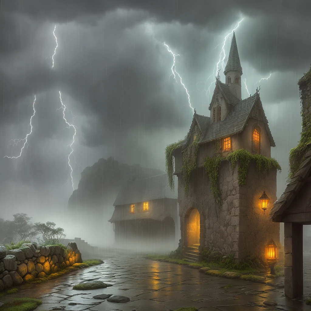 Ancient city, fog, fairyland, stone alley, rainy day, thunder and lightning weather, the sky is a bit dark