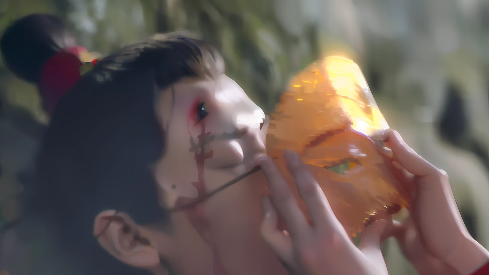 (Male: 1.1), [Monochrome: Pastel Color: 0.6] Theme, (Masterpiece), (Best Quality), (Detail), Light Layer, Glossy Skin, (Complicated Details: 1.1), Black Hair, Long hair, black eyes, fairy hero, sad, eyes closed, take off mask