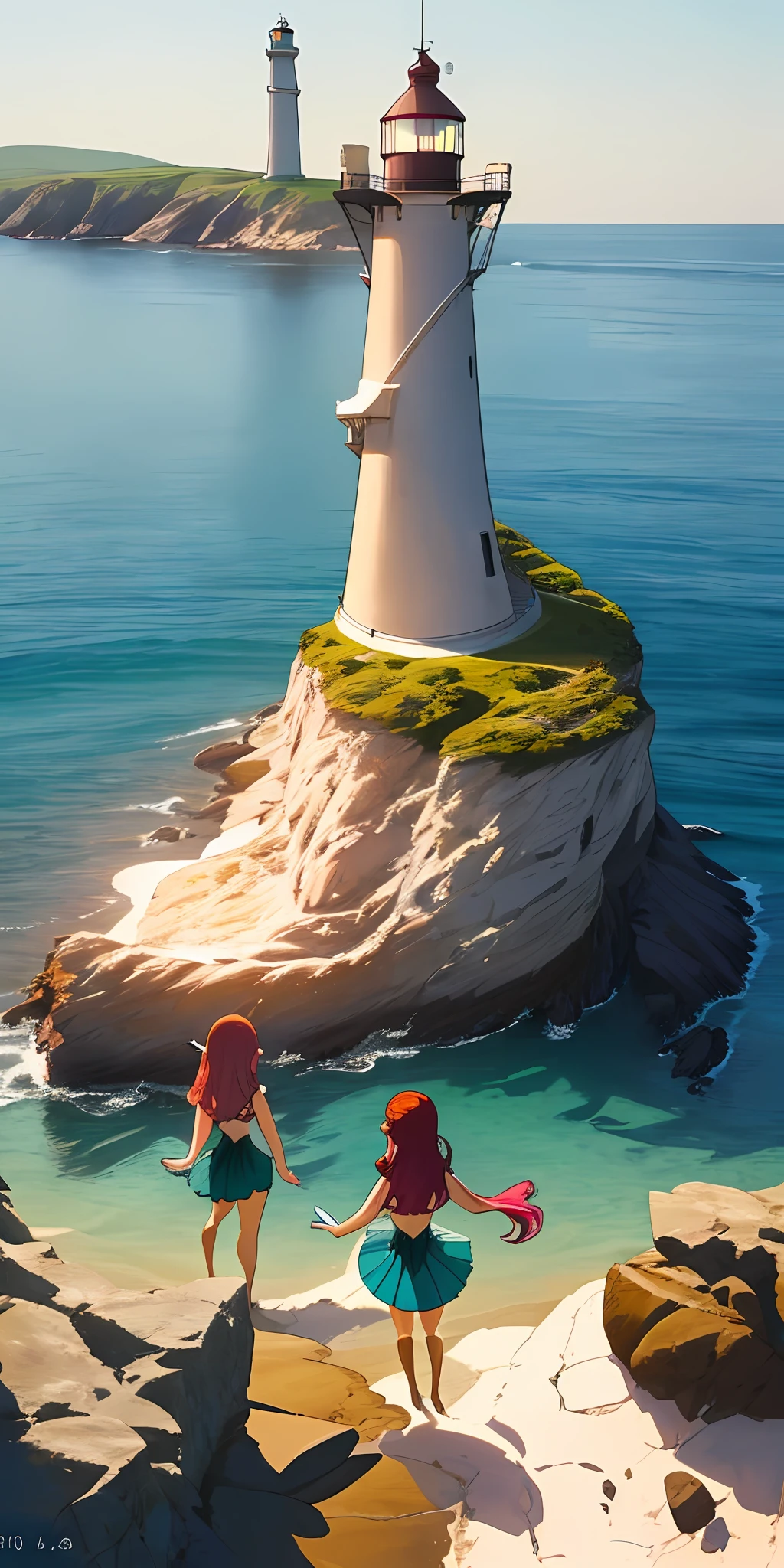 Young mermaids singing on the rocks, with the lighthouse in the distance