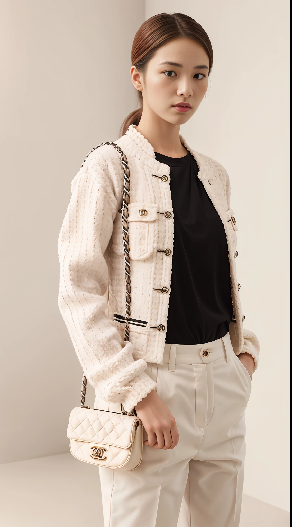 E-commerce female model photography, white background, model height 1.68, wearing Korean clothes, shoulder (Chanel mini bag: 0.6), (realistic: 1.4), lower half wearing Korean pants, soft lighting, masterpieces, best quality, super realistic details, commercial photography, dynamic pose, 3D C4D, film, super realistic painting, 8k, midjourney art
