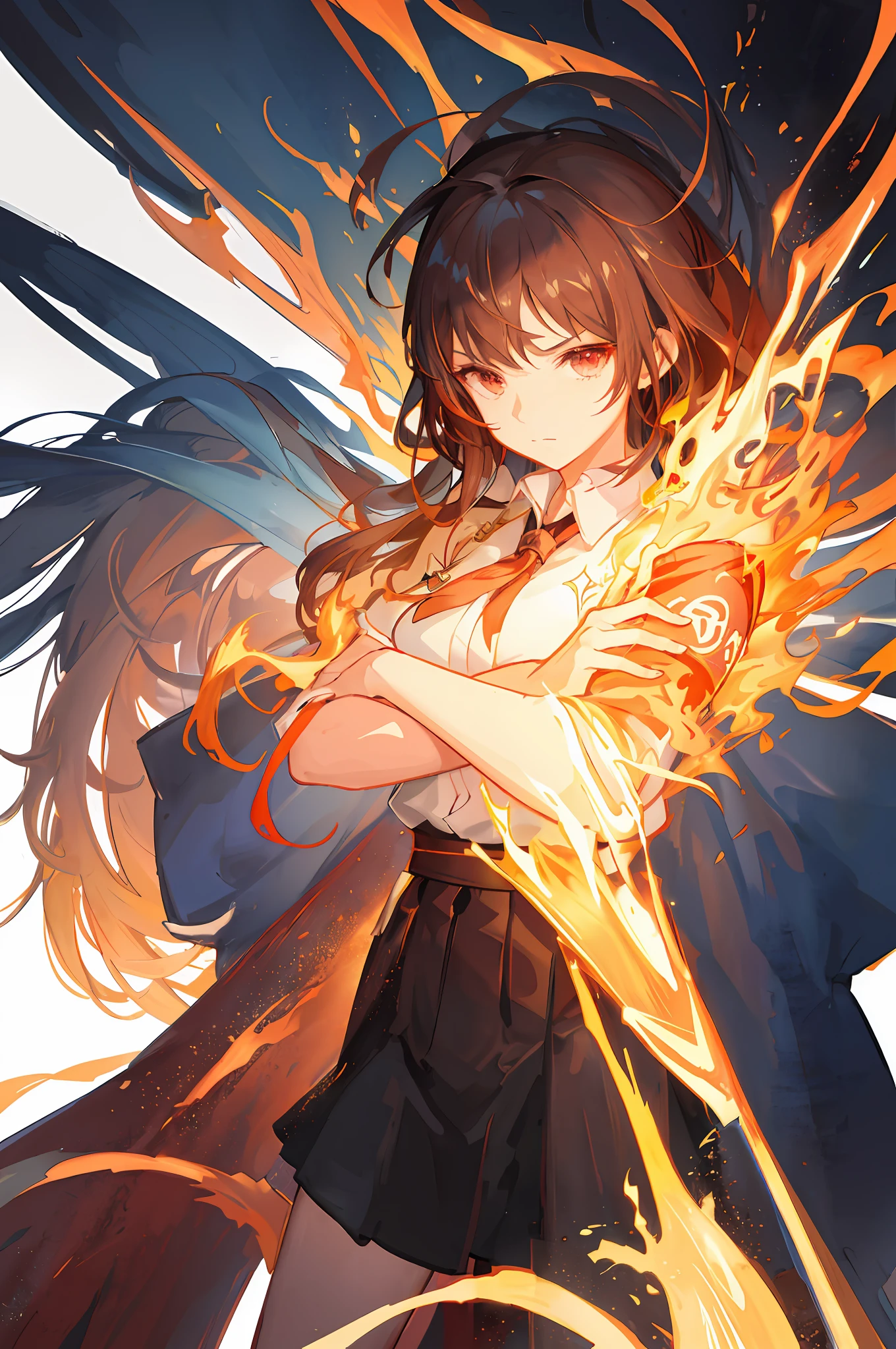 anime girl with long hair and a cape holding a sword, artgerm and atey ghailan, flame spell, detailed digital anime art, she has fire powers, flame conjuring, anime style 4 k, by Kamagurka, fire spell, digital anime illustration, trending on artstation pixiv, light novel cover art, holy fire spell art